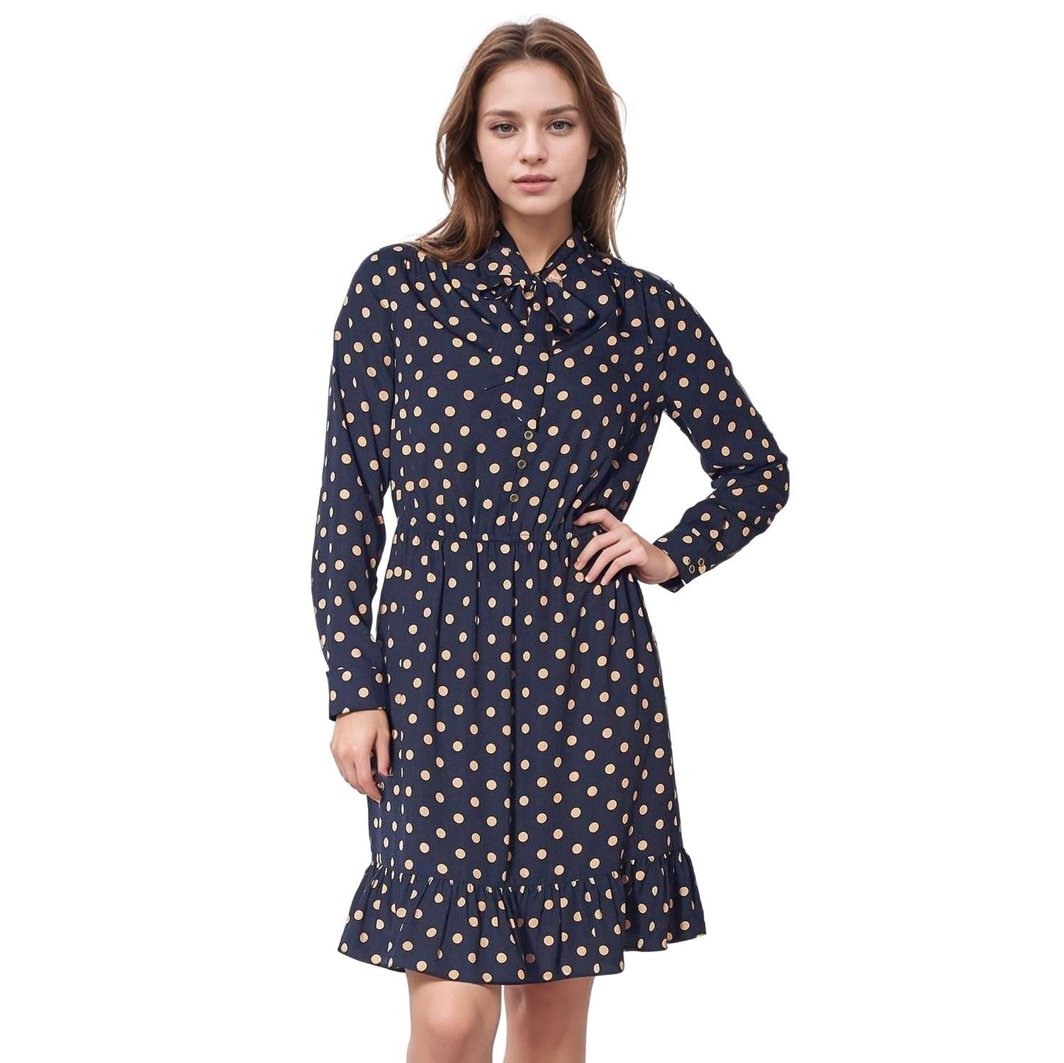 Pleione Polka Dot Tie Neck Dress in Navy Taupe Polka