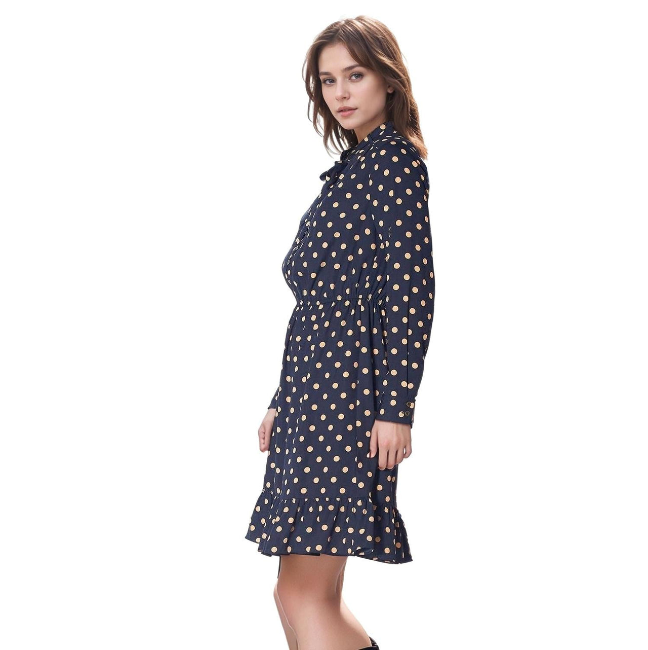 Pleione Polka Dot Tie Neck Dress in Navy Taupe Polka