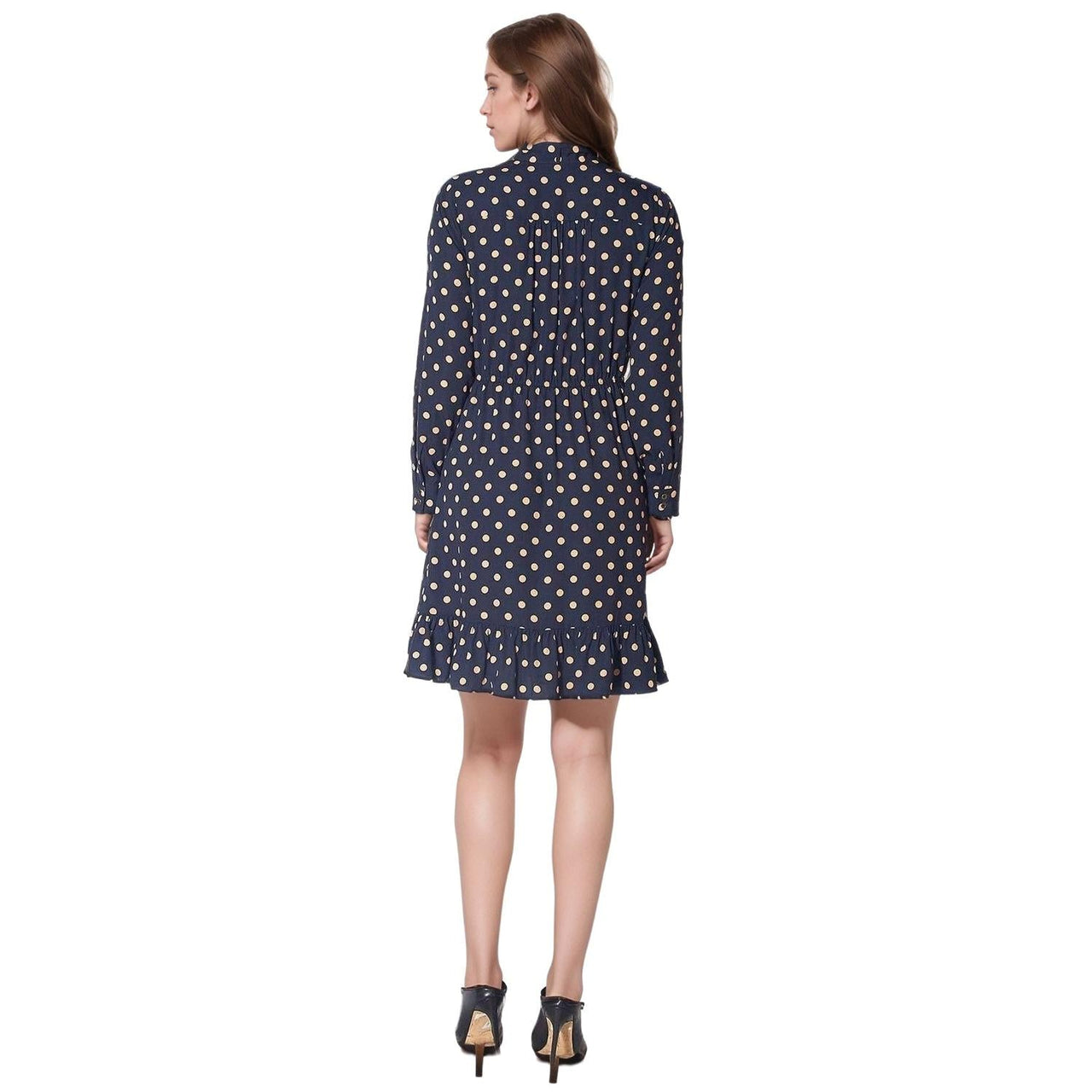 Pleione Polka Dot Tie Neck Dress in Navy Taupe Polka