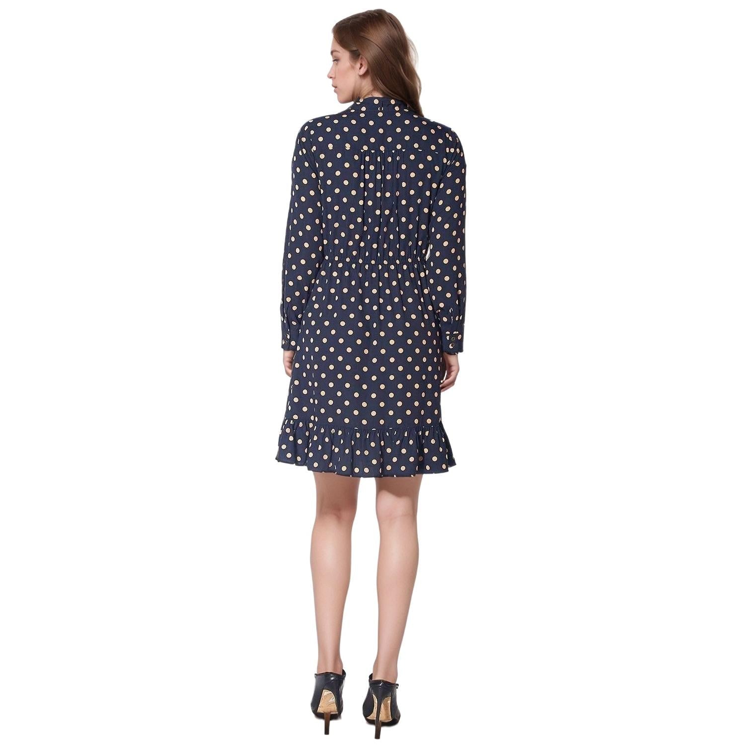 Pleione Polka Dot Tie Neck Dress in Navy Taupe Polka