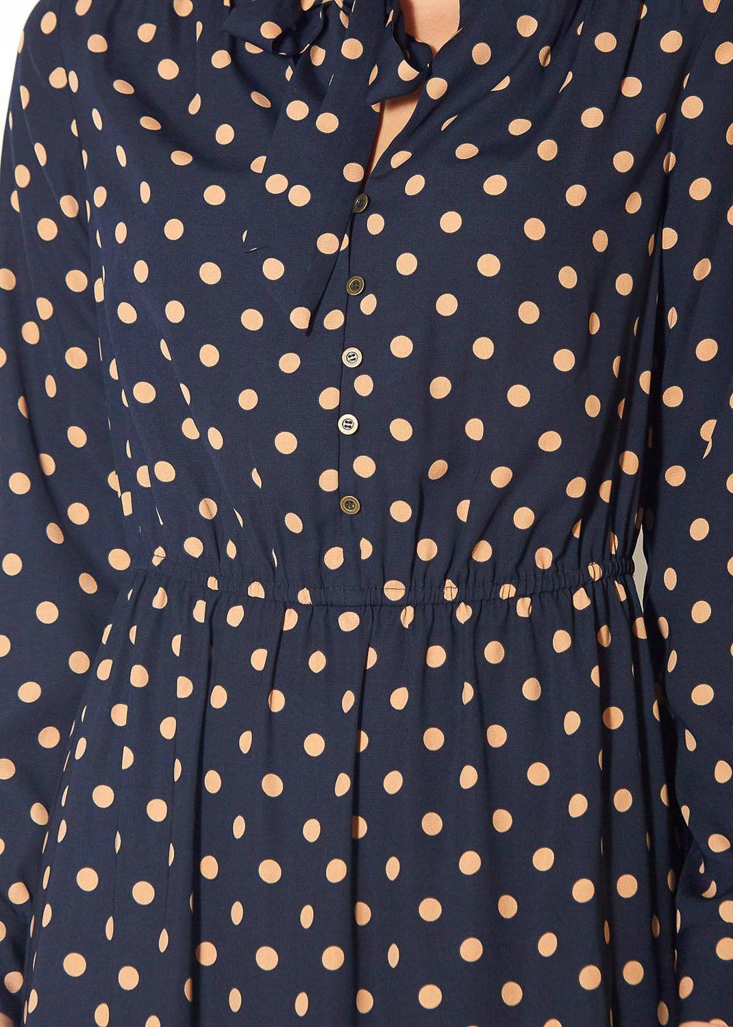 Pleione Polka Dot Tie Neck Dress in Navy Taupe Polka