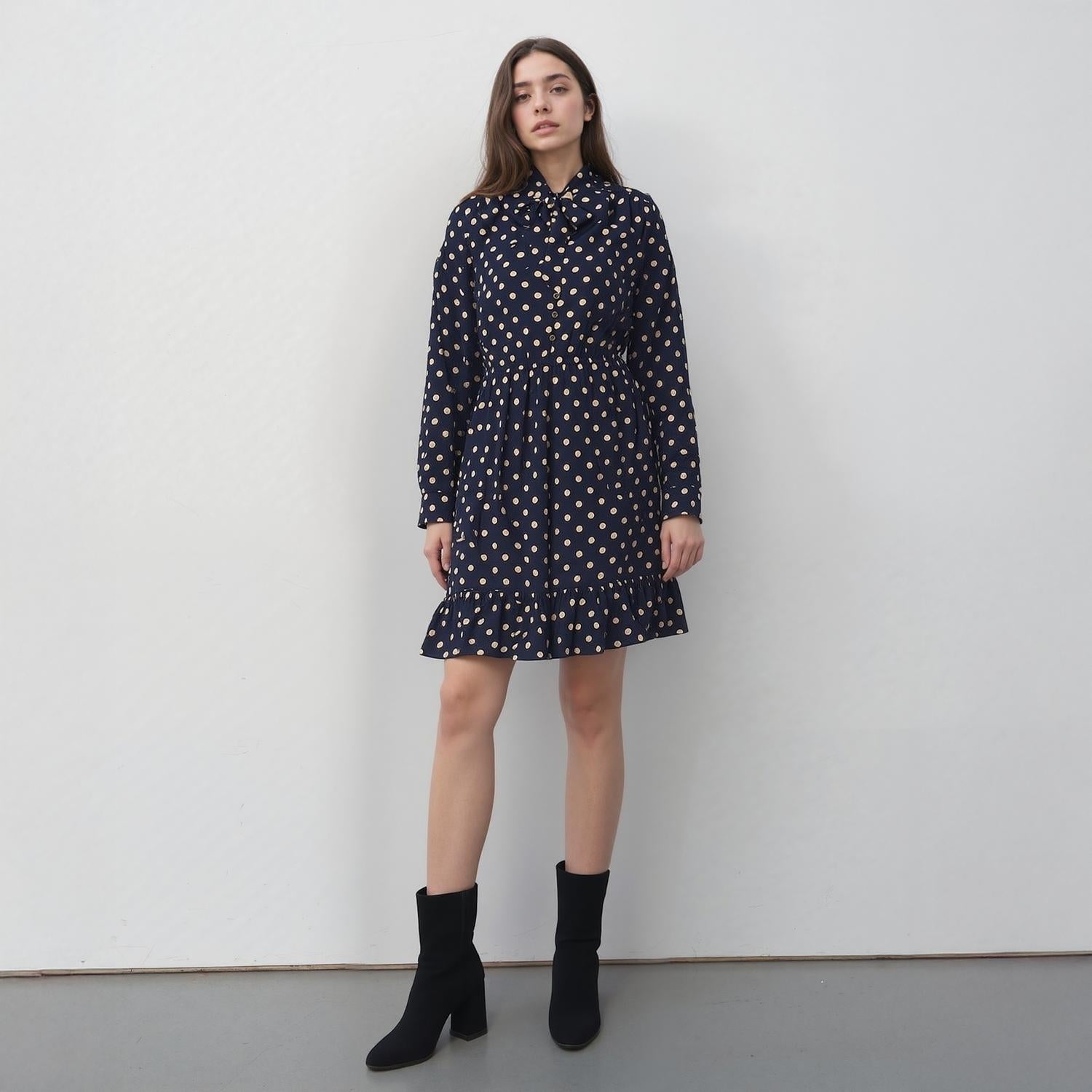 Pleione Polka Dot Tie Neck Dress in Navy Taupe Polka