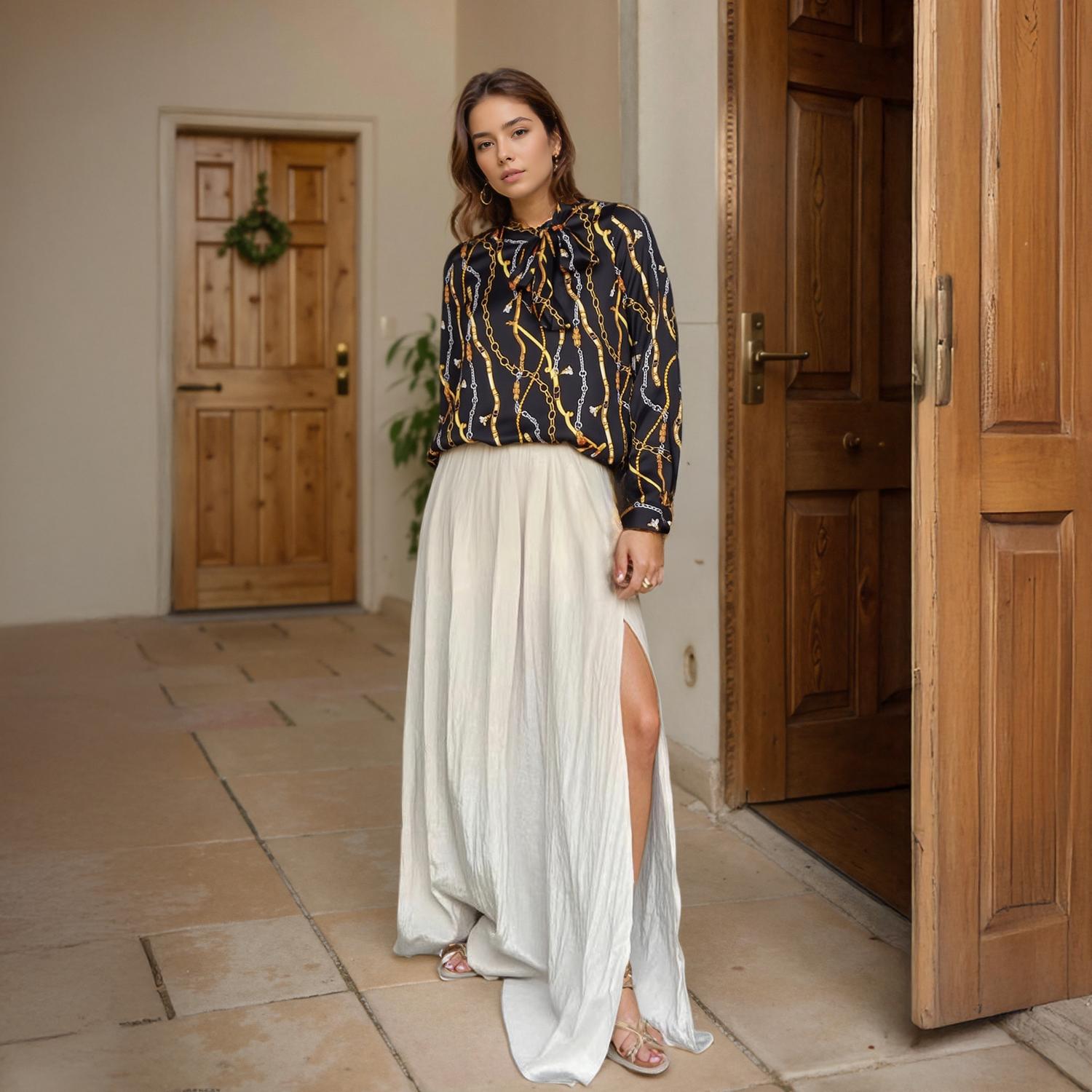 Pleione Women's Chained Print Scarf Tie Blouse