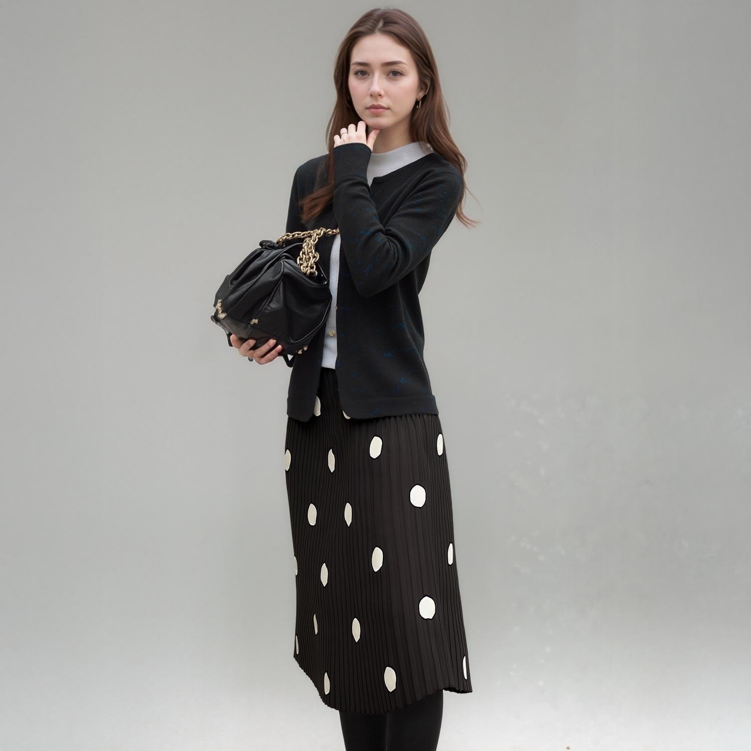 Pleione Pleated Polka Dot Midi Skirt In Black