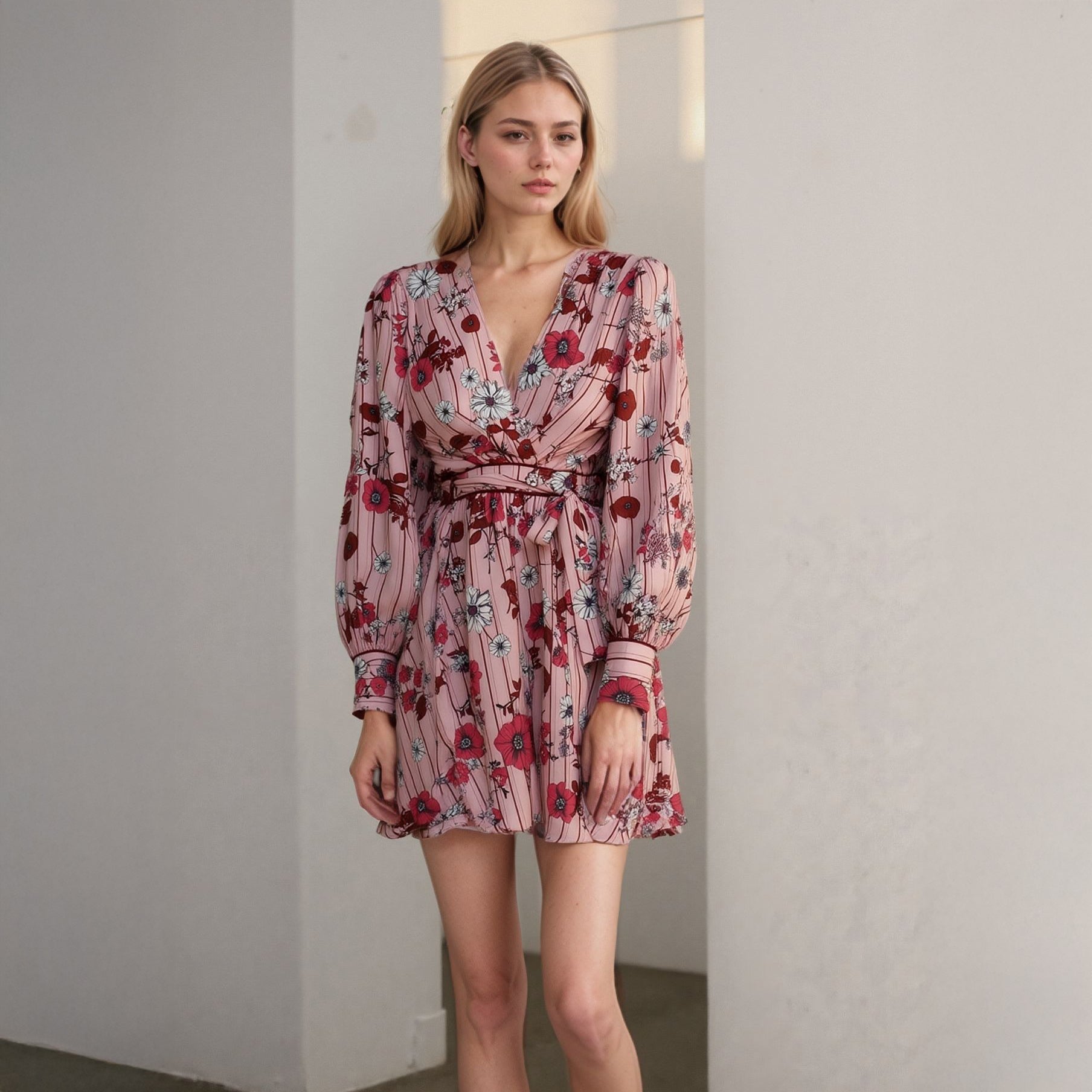 Women's Floral Satin Wrap Front Flared Dress