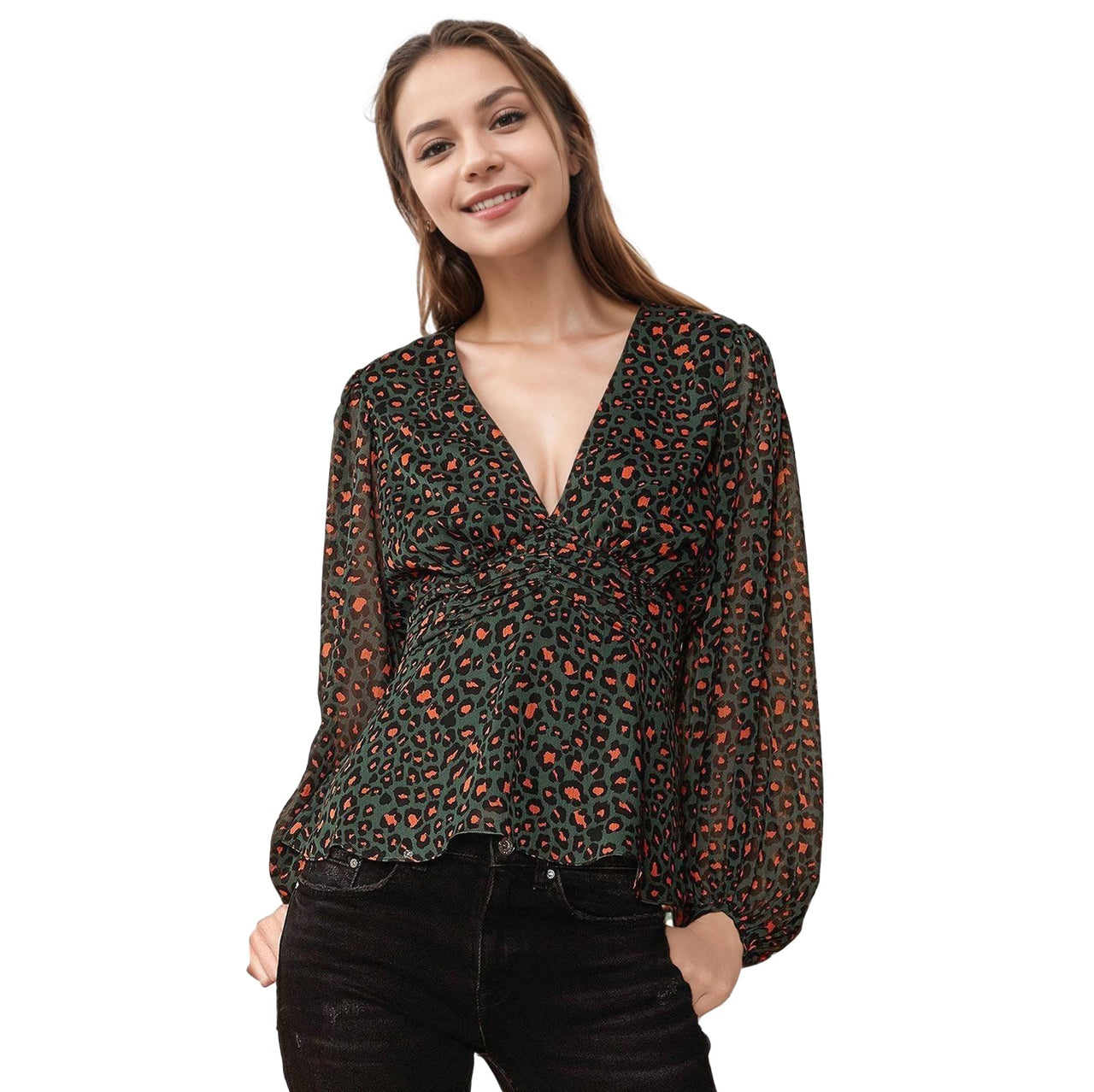 Women's V-neck Puff Sleeve Blouse in Leopard Hunt