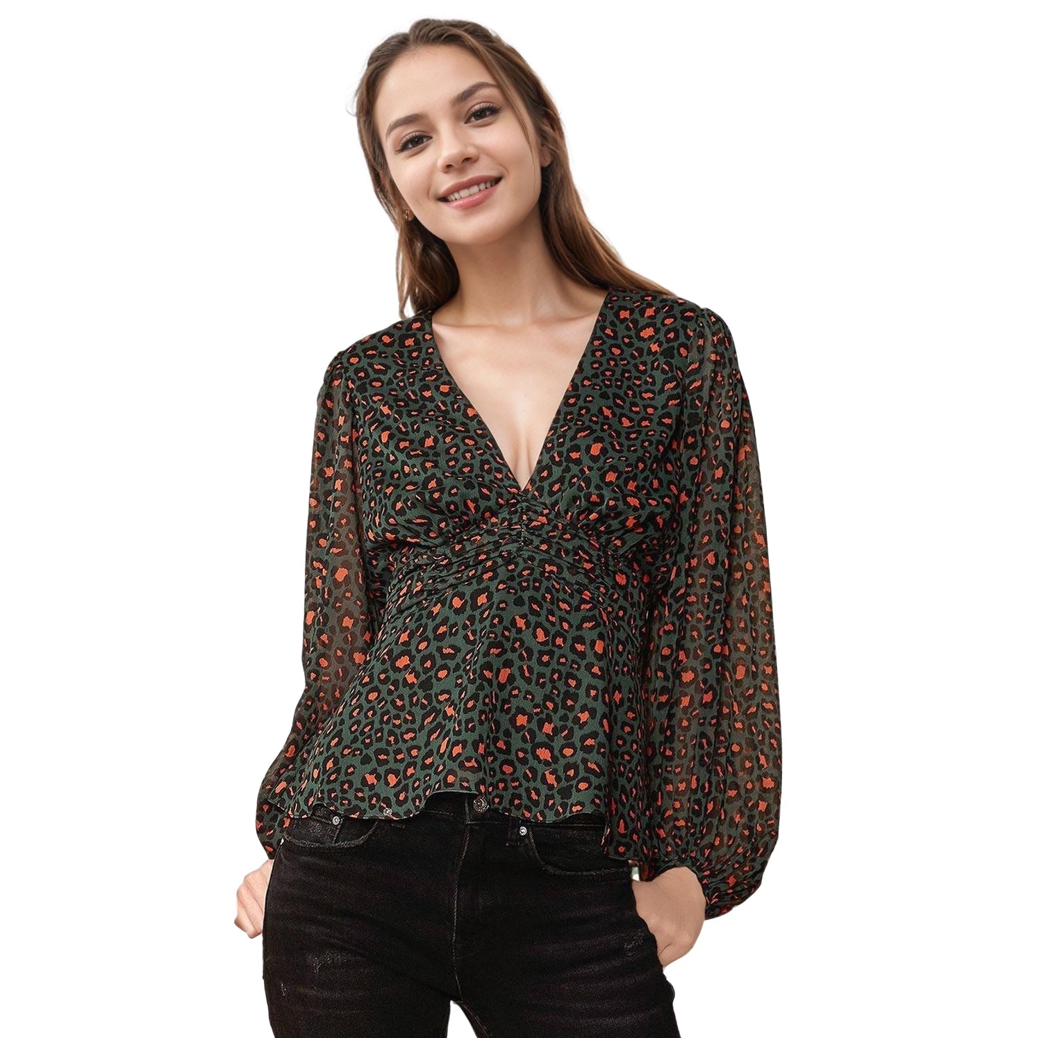 Women's V-neck Puff Sleeve Blouse in Leopard Hunt