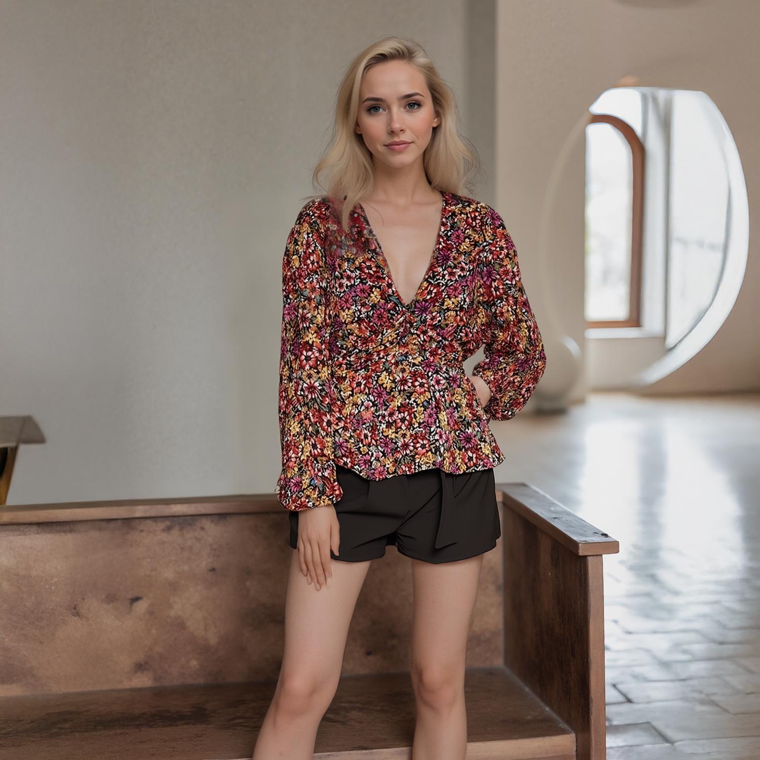 Pleione Women's V-Neck Puff Sleeve Top in Fuchsia