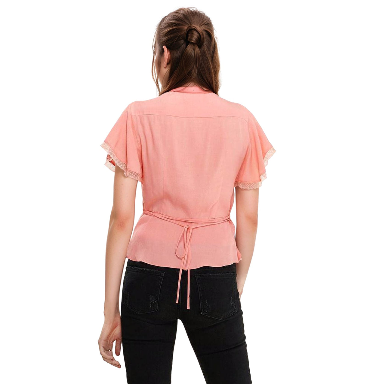 Women's Lace Trim Cape Sleeve Wrap Blouse in Coral