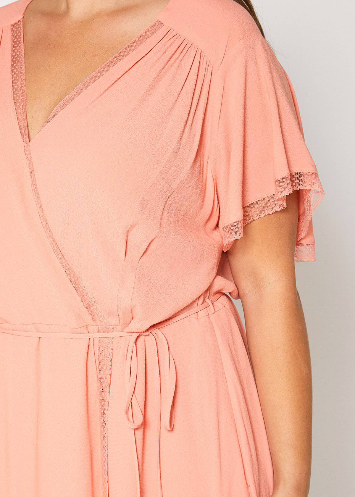 Women's Plus Size Lace Trim Wrap Dress in Coral
