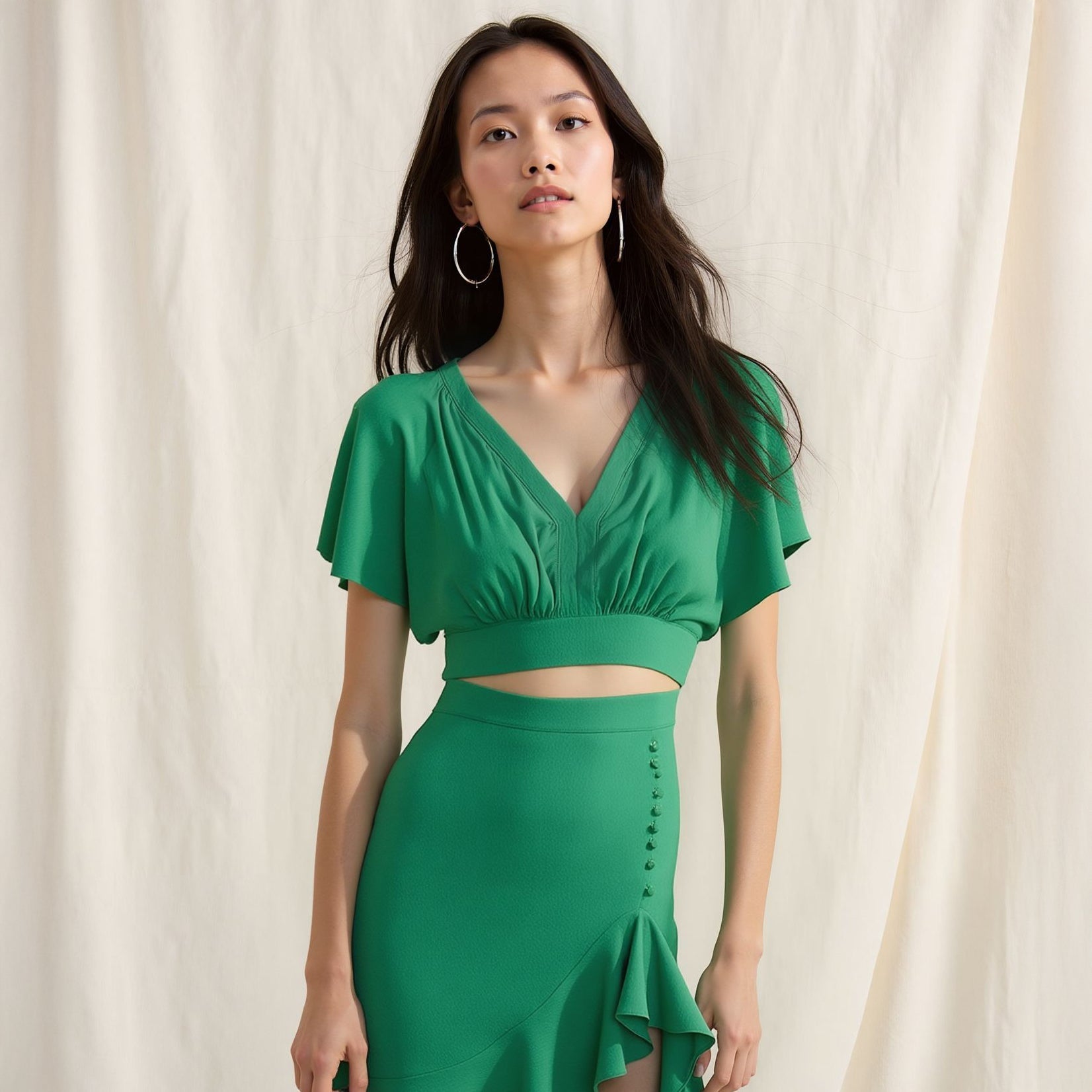 Women's Tie Waist Cape Sleeve Cropped Blouse in Kelly Green