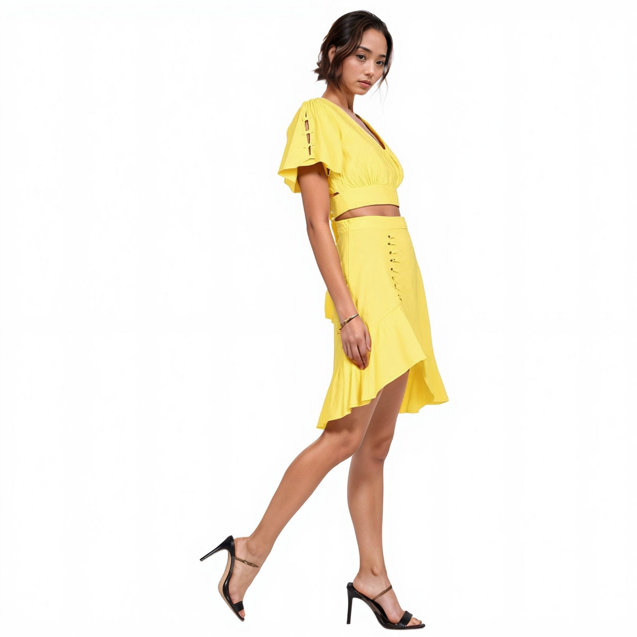 Women's Tie Waist Cape Sleeve Cropped Blouse in Yellow