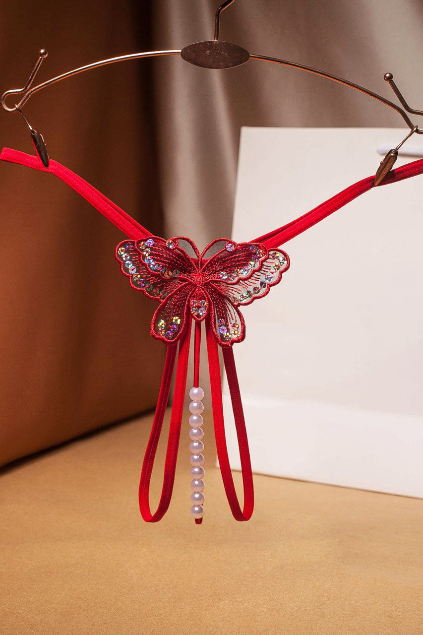 Strappy Butterfly Pearl Crotch Thong