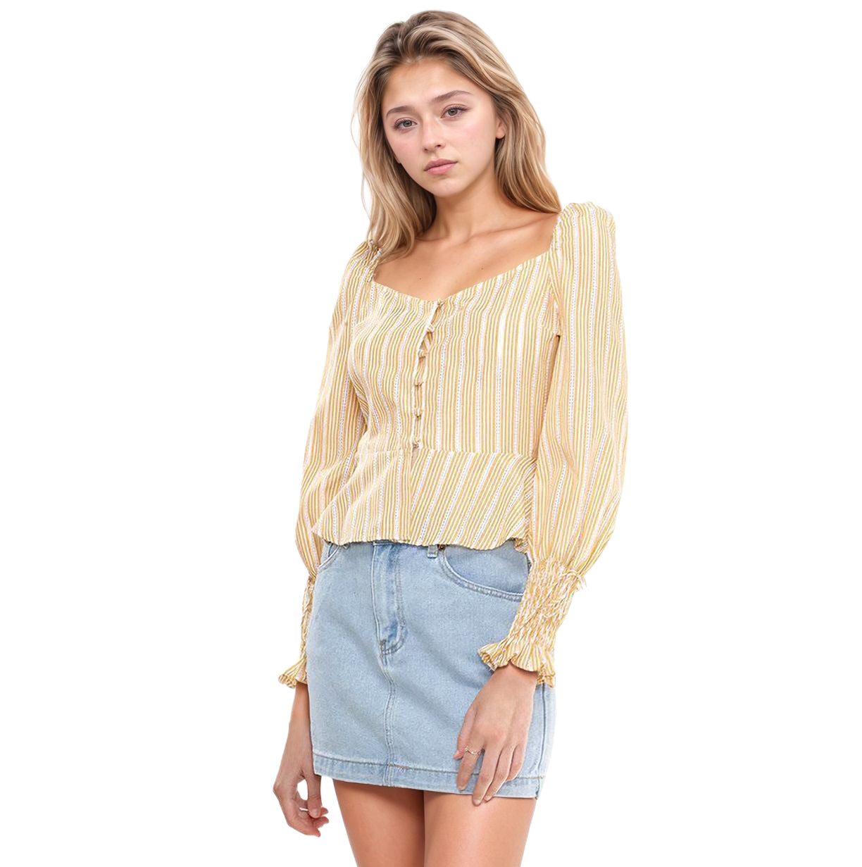 Women's Smocked Cuff Button Front Peplum Blouse in Yellow
