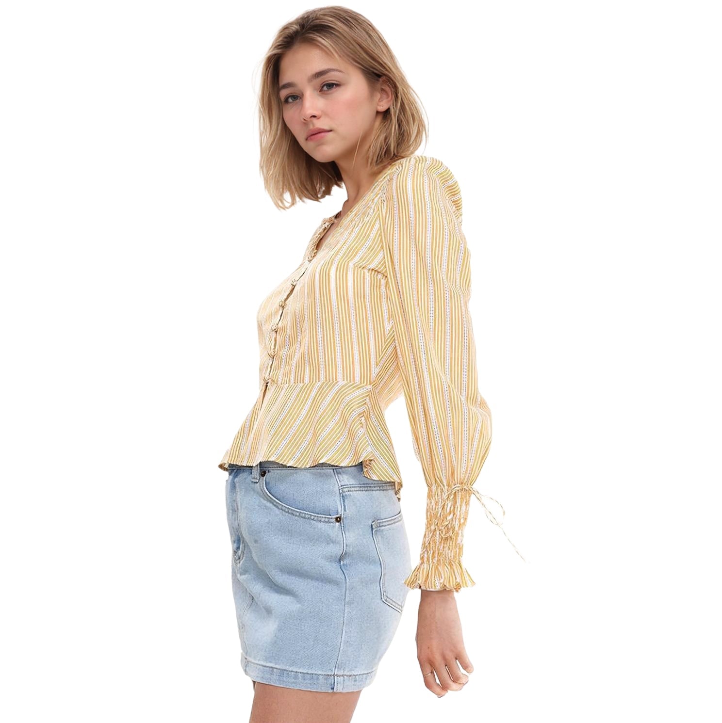 Women's Smocked Cuff Button Front Peplum Blouse in Yellow
