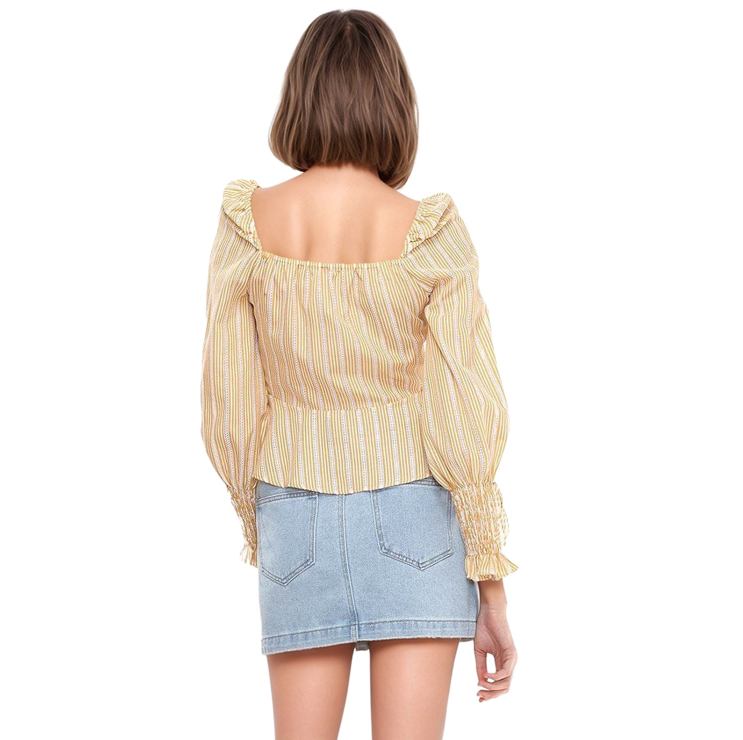 Women's Smocked Cuff Button Front Peplum Blouse in Yellow