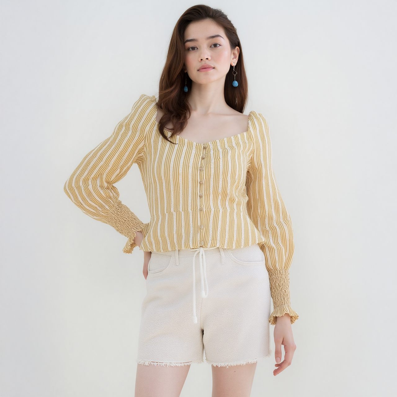Women's Smocked Cuff Button Front Peplum Blouse in Yellow