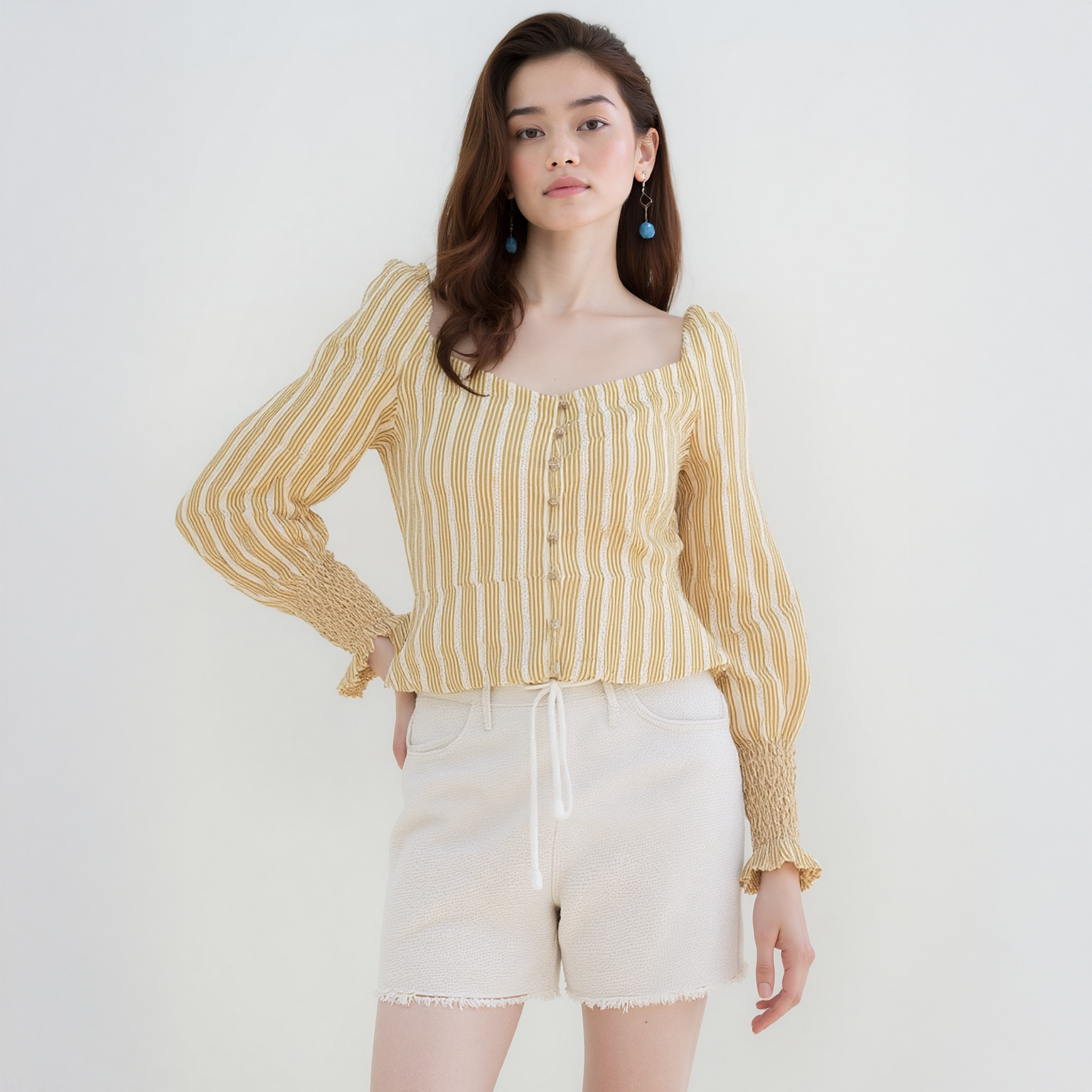 Women's Smocked Cuff Button Front Peplum Blouse in Yellow