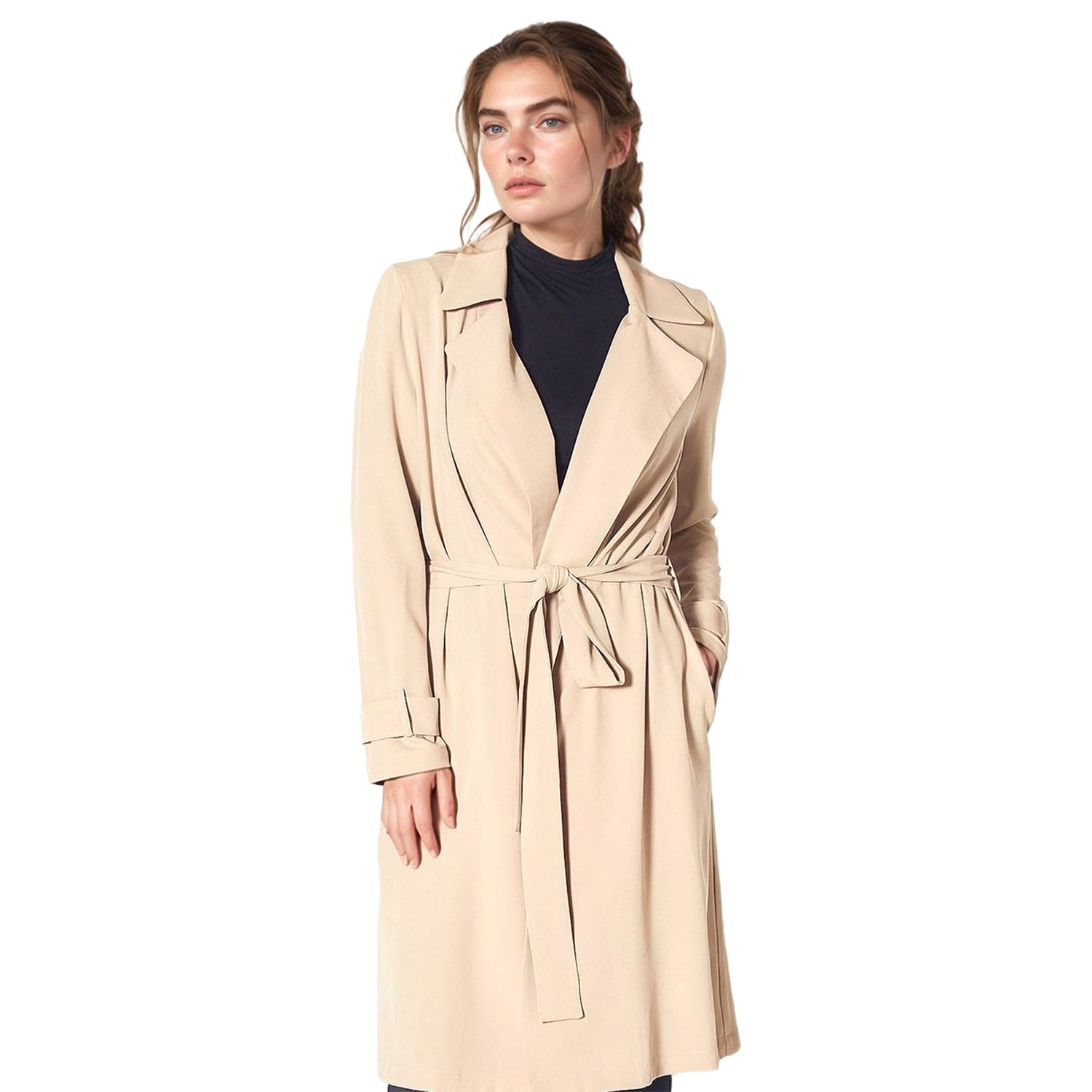 Pleione Women's Tie Waist Light Trench Coat in Khaki
