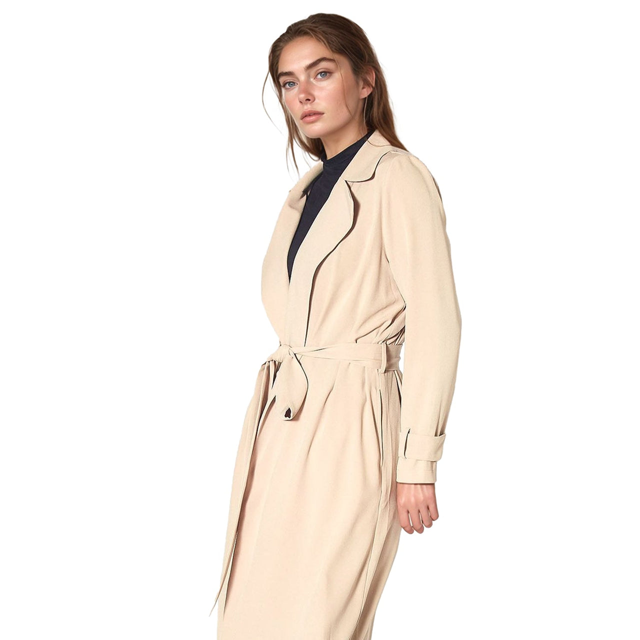 Pleione Women's Tie Waist Light Trench Coat in Khaki