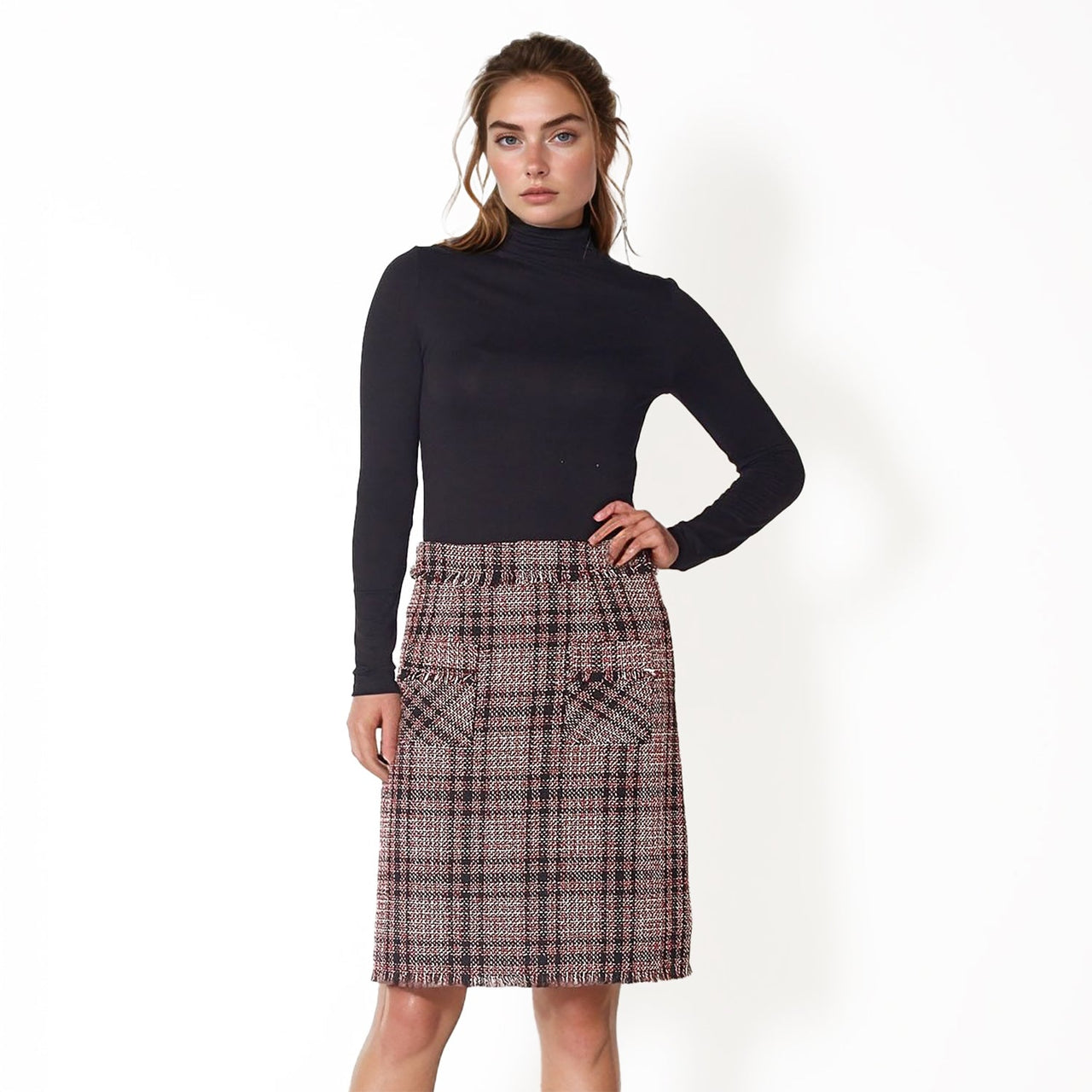Pleione Women's Tweed High Rise Pencil Skirt in Red Black Tweed