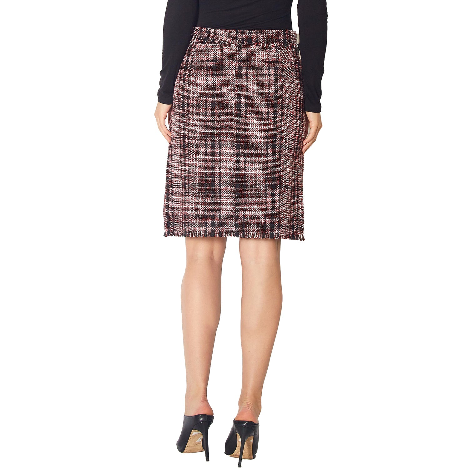 Pleione Women's Tweed High Rise Pencil Skirt in Red Black Tweed
