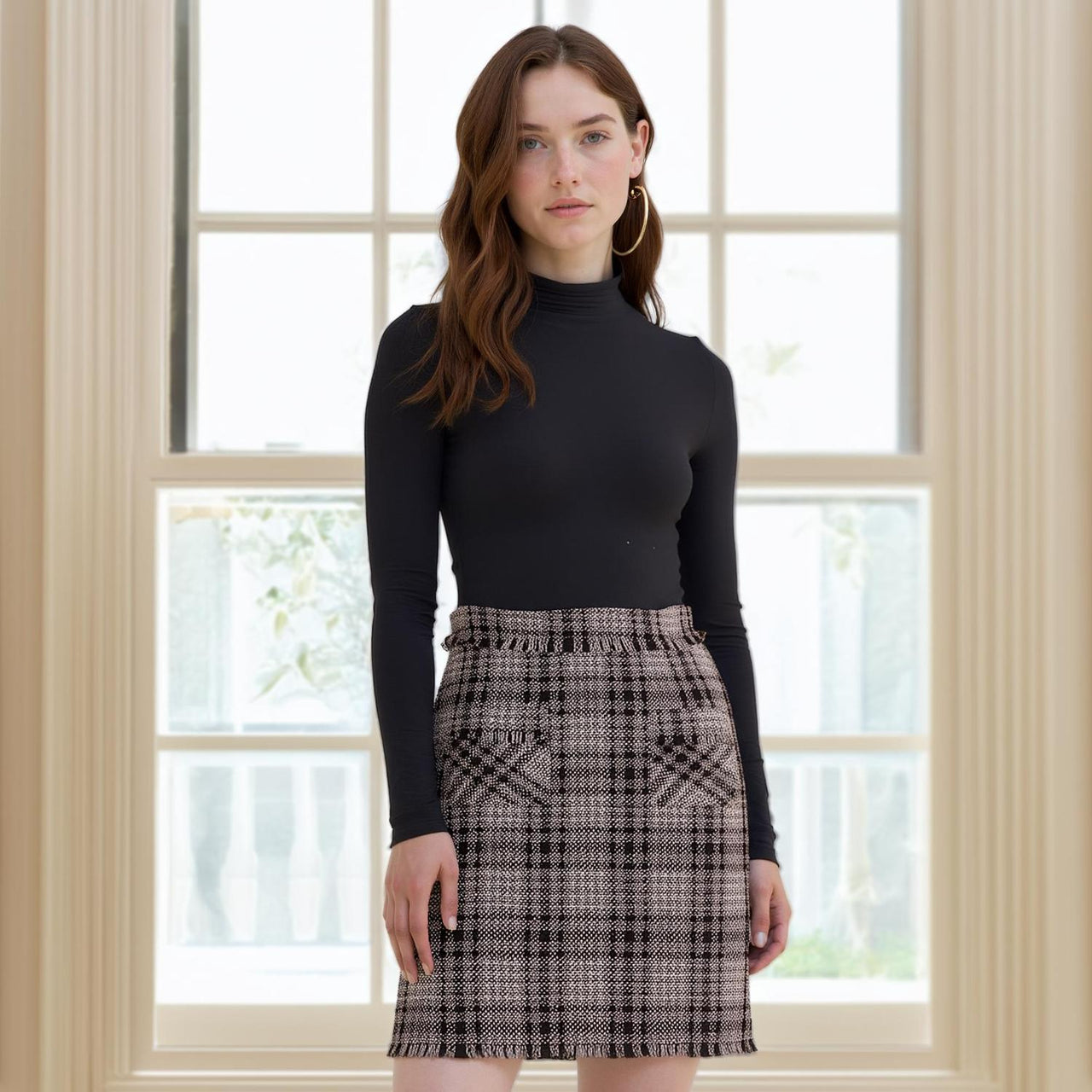 Pleione Women's Tweed High Rise Pencil Skirt in Red Black Tweed