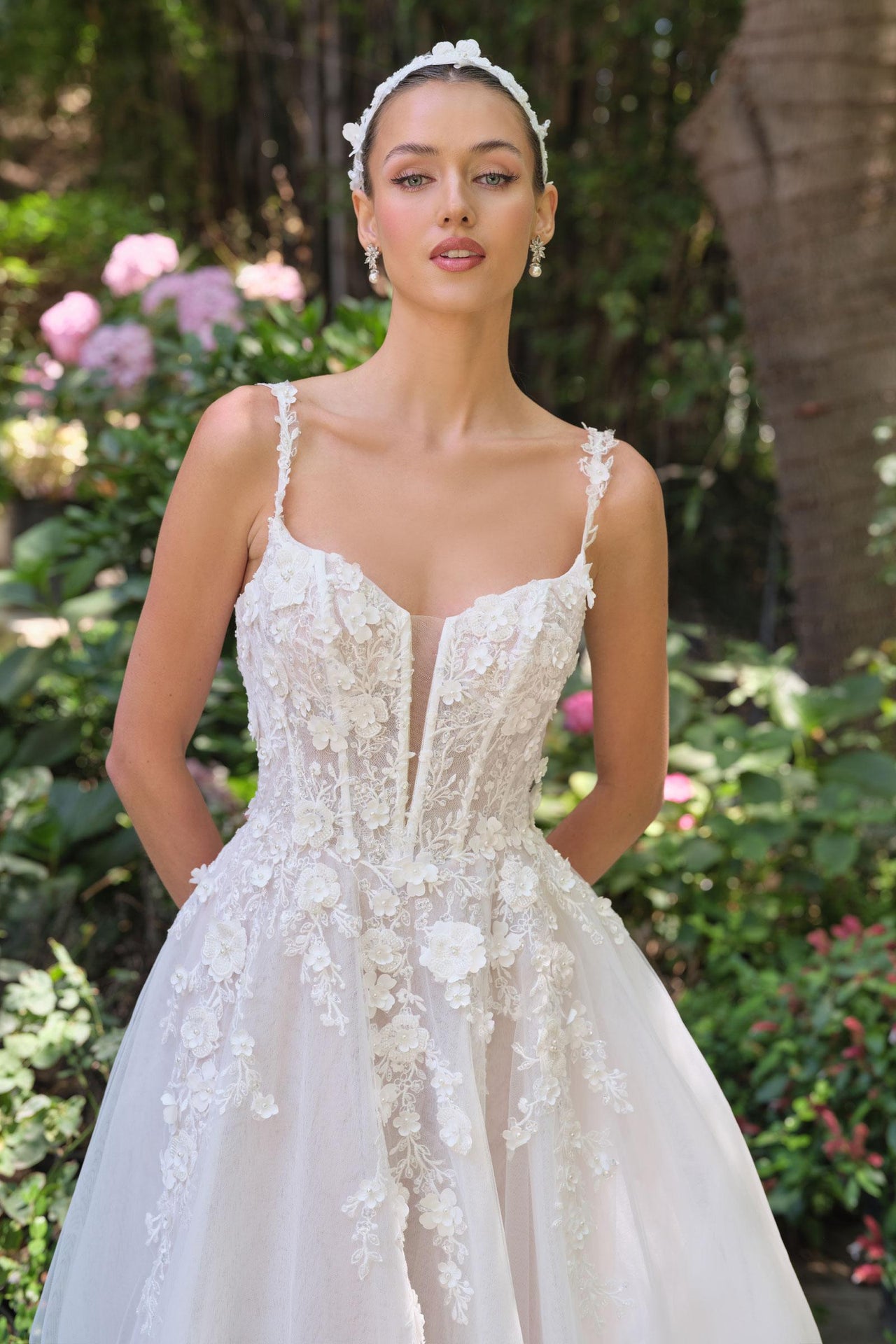 Andrea & Leo WL063 A-Line Wedding Gown Plunging Neckline Floral Straps