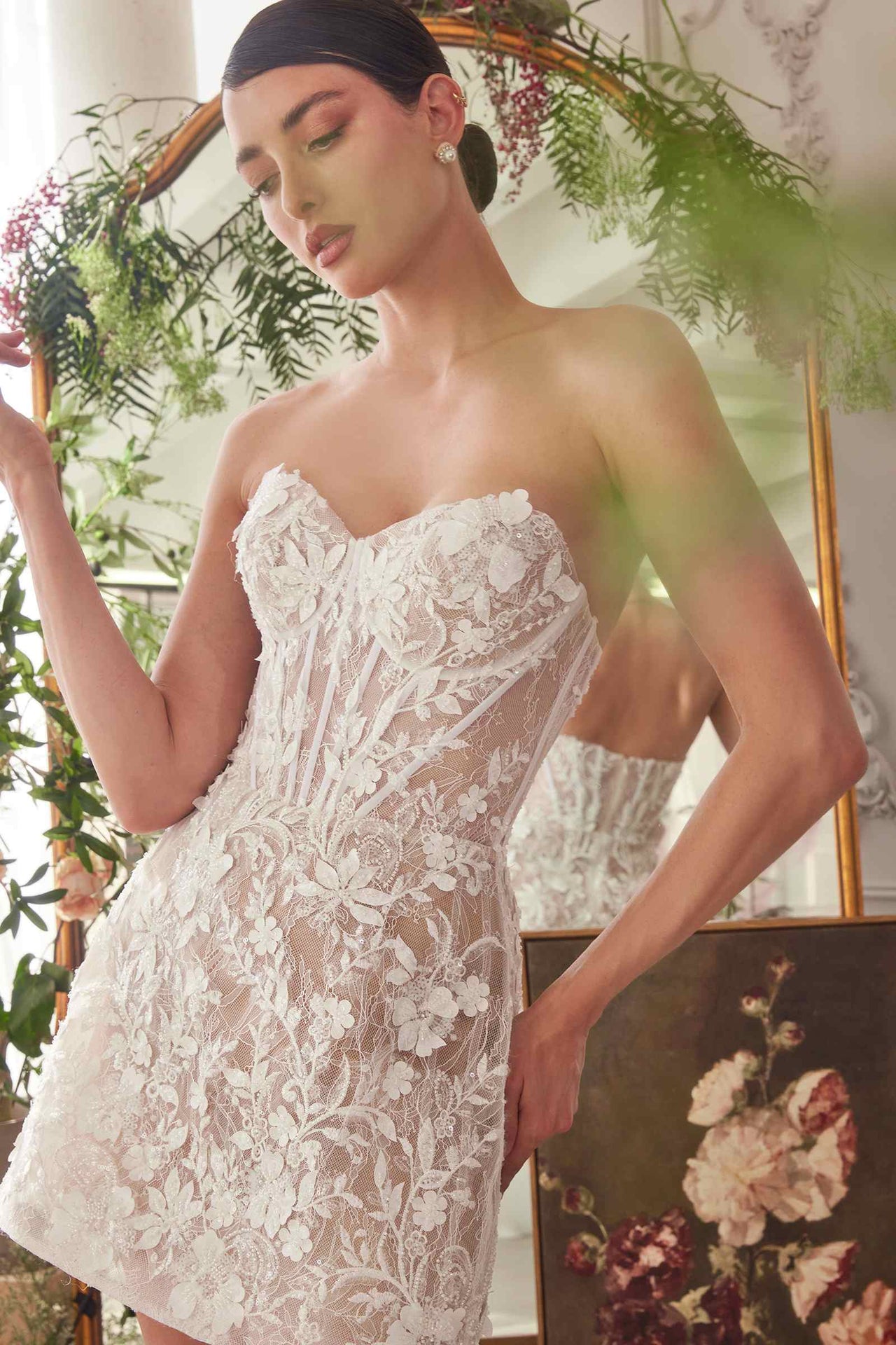 Andrea & Leo WL084 Strapless Short Lace Midi Wedding Dress