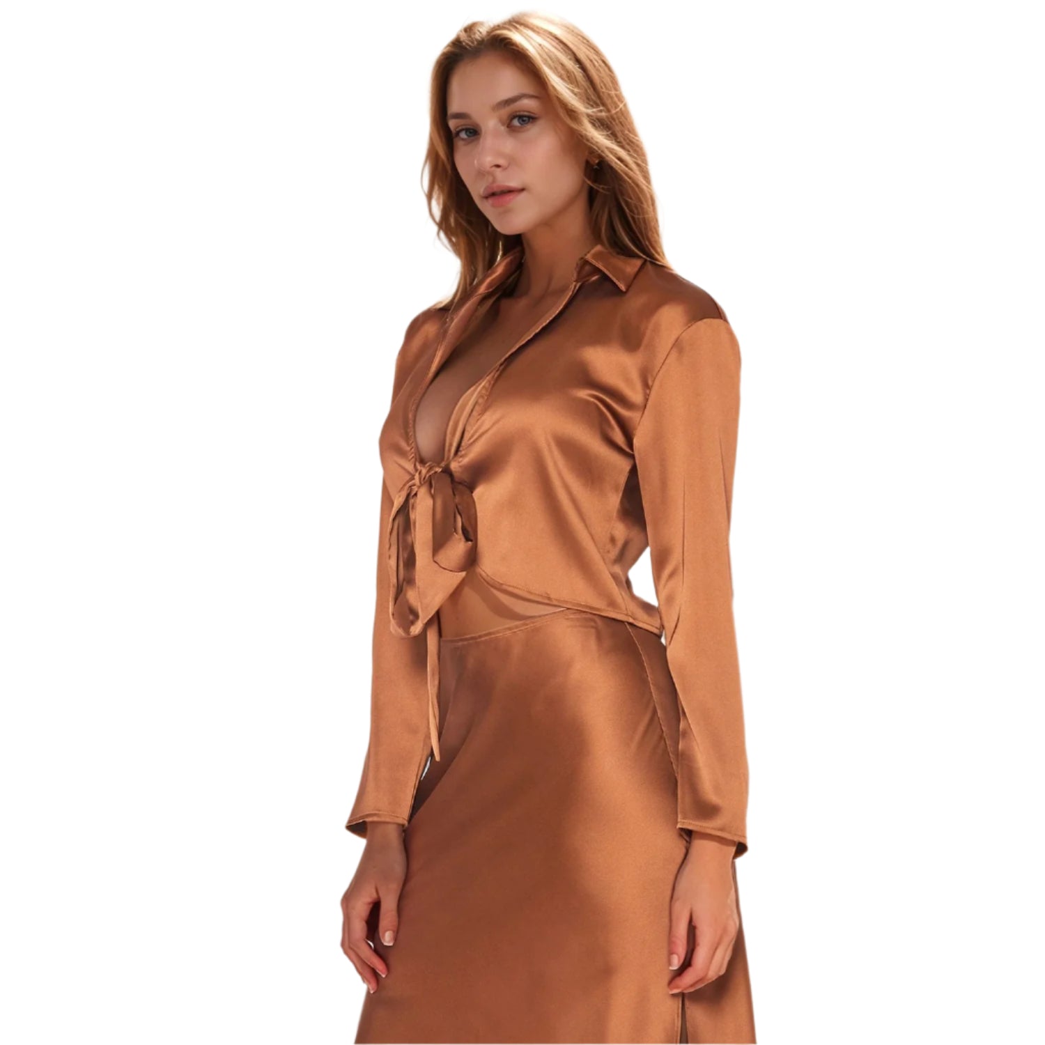 Pleione Women's Long Sleeve Collared Tie Front Shirt In Satin Brown