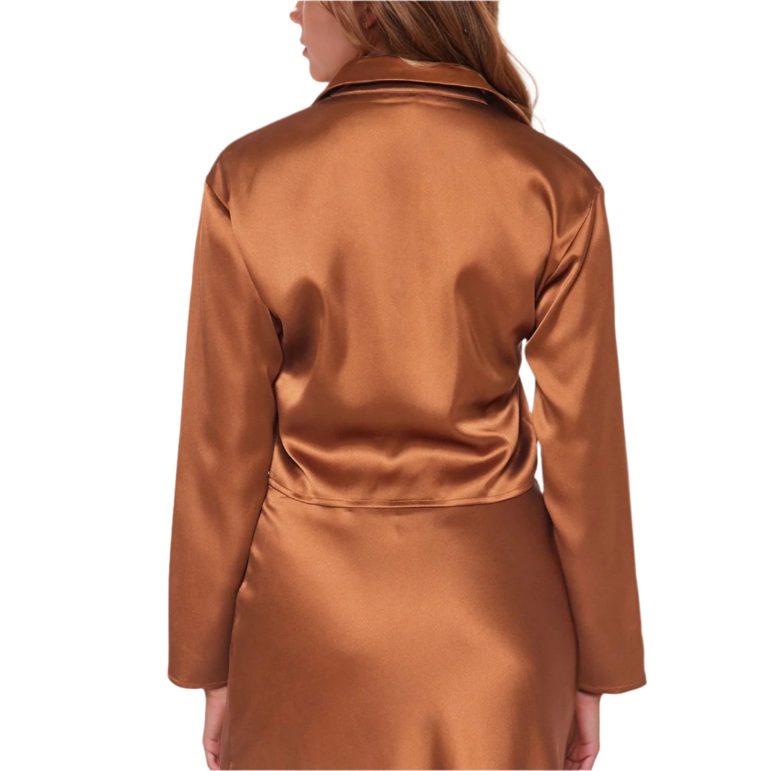 Pleione Women's Long Sleeve Collared Tie Front Shirt In Satin Brown
