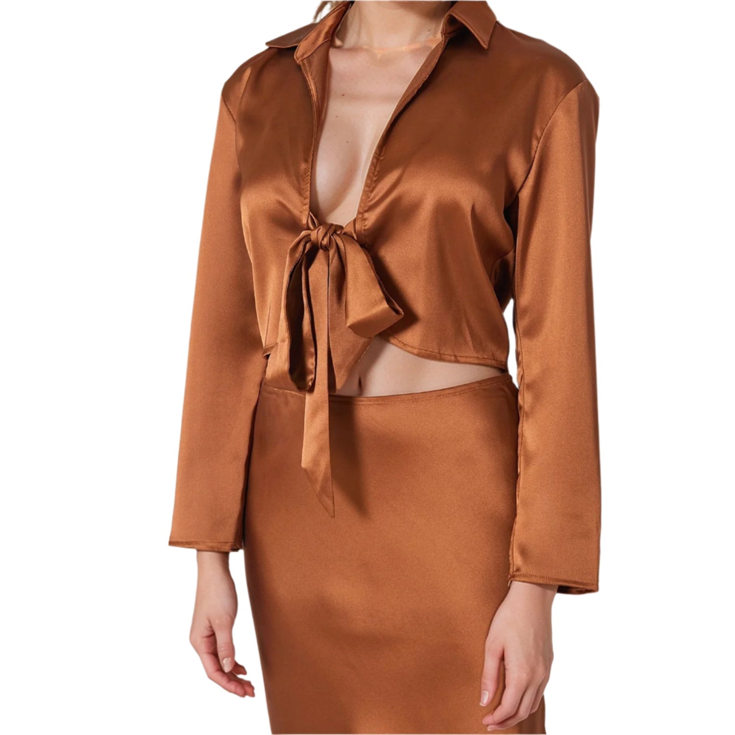 Pleione Women's Long Sleeve Collared Tie Front Shirt In Satin Brown