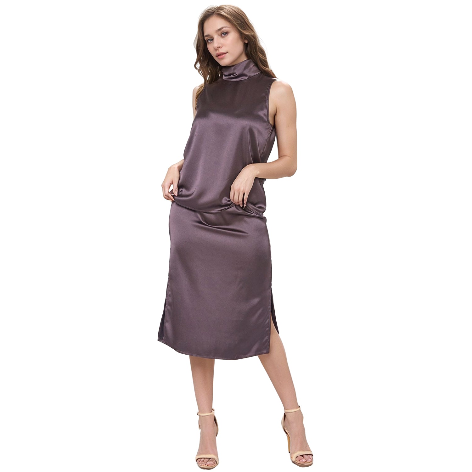 Pleione Women's Sleeveless Scrunch Mock Neck Top In Gun Metal