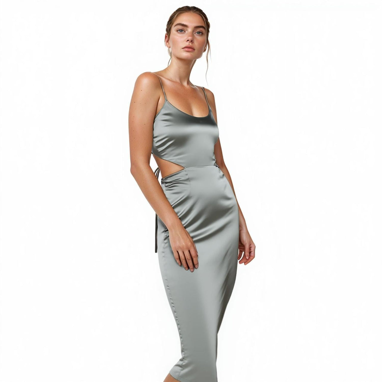 Sleeveless Satin Midi Dress in Vintage Blue