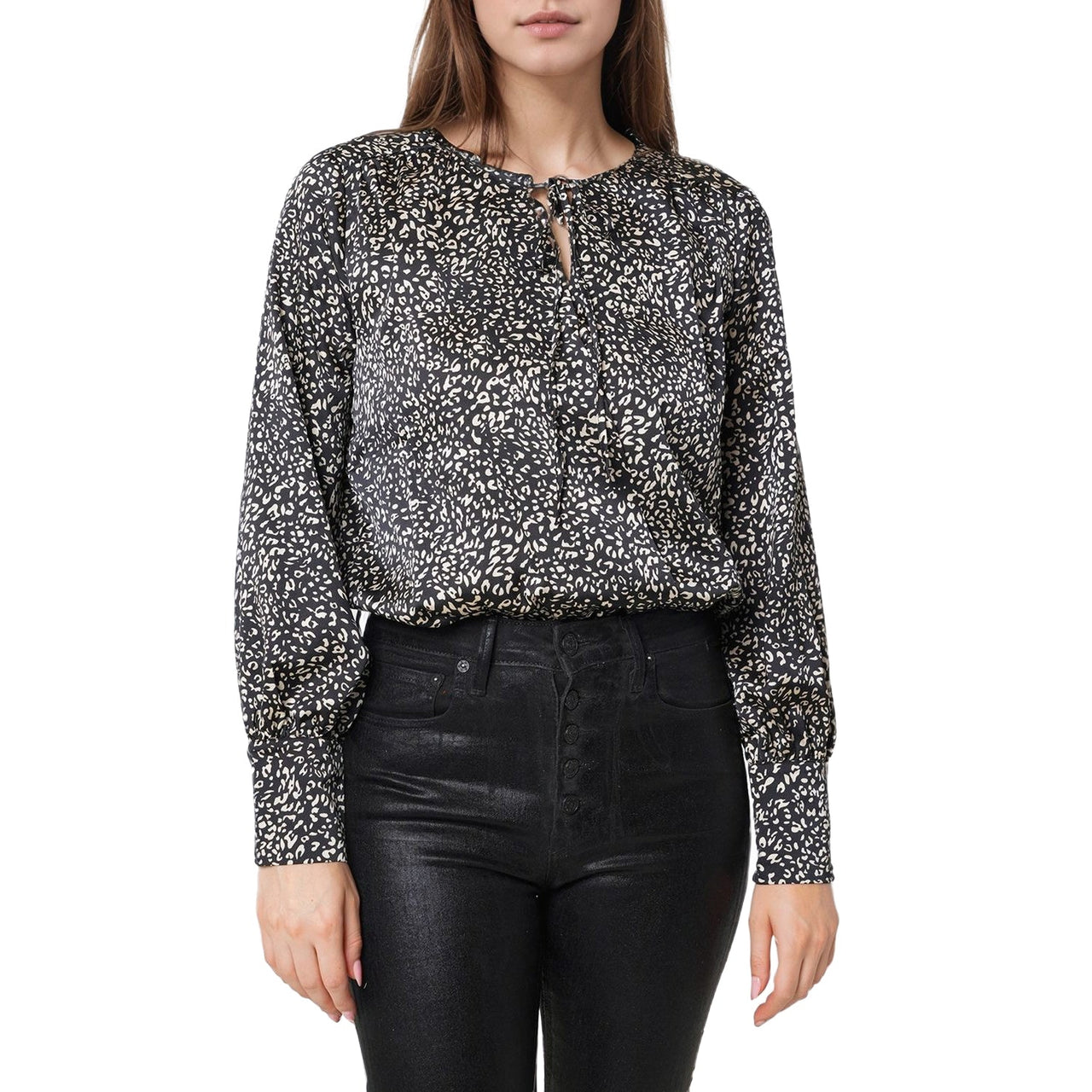 Women's Tie-neck Long Sleeve Bodysuit in Black Leopard