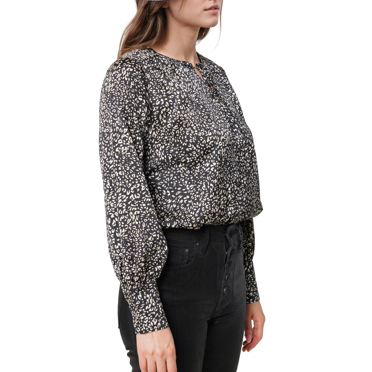 Women's Tie-neck Long Sleeve Bodysuit in Black Leopard