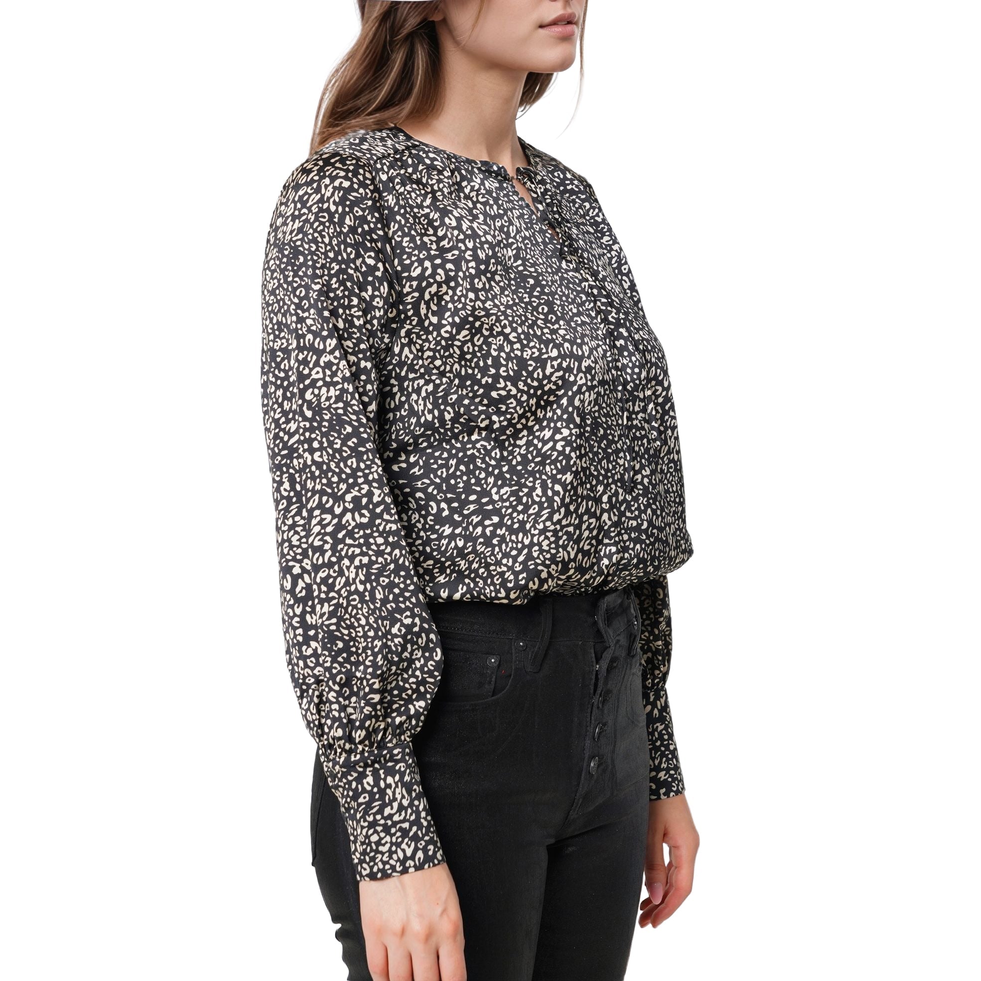 Women's Tie-neck Long Sleeve Bodysuit in Black Leopard
