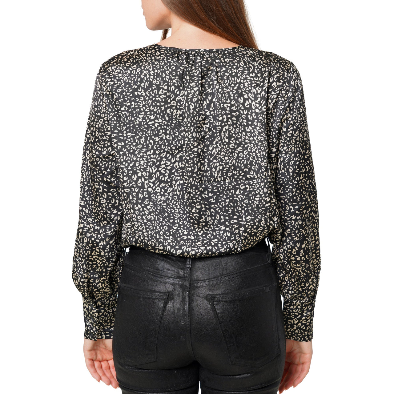 Women's Tie-neck Long Sleeve Bodysuit in Black Leopard