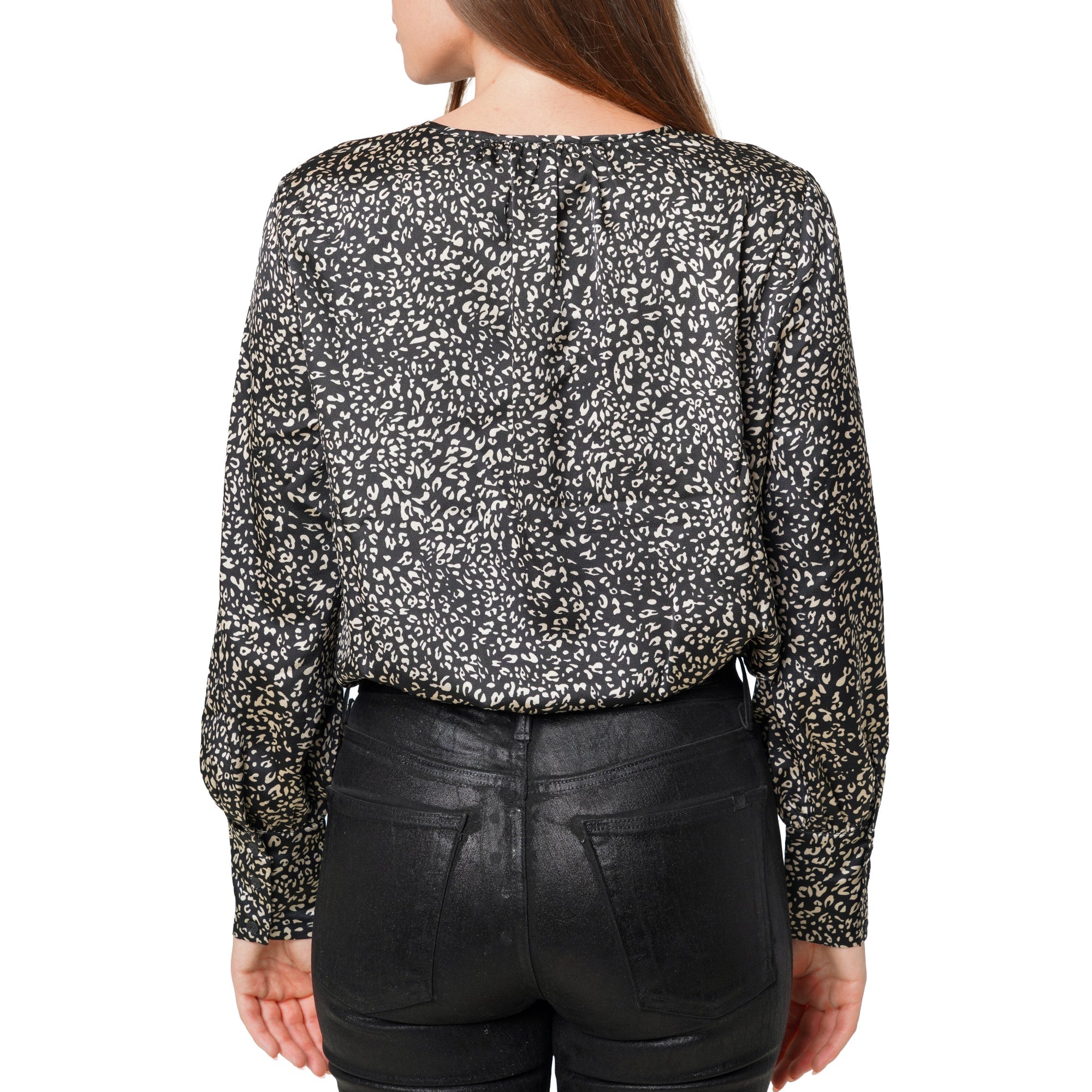Women's Tie-neck Long Sleeve Bodysuit in Black Leopard