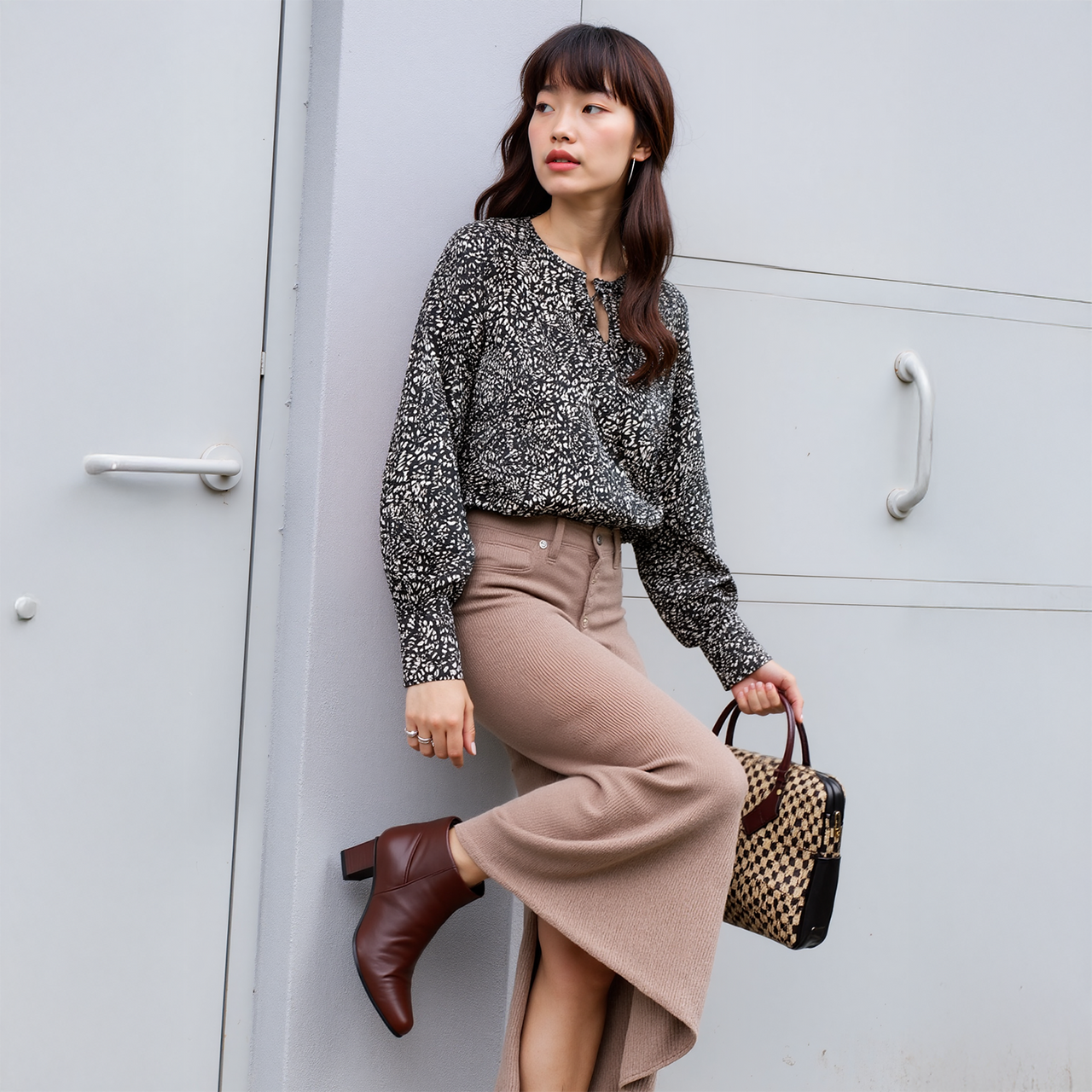 Women's Tie-neck Long Sleeve Bodysuit in Black Leopard