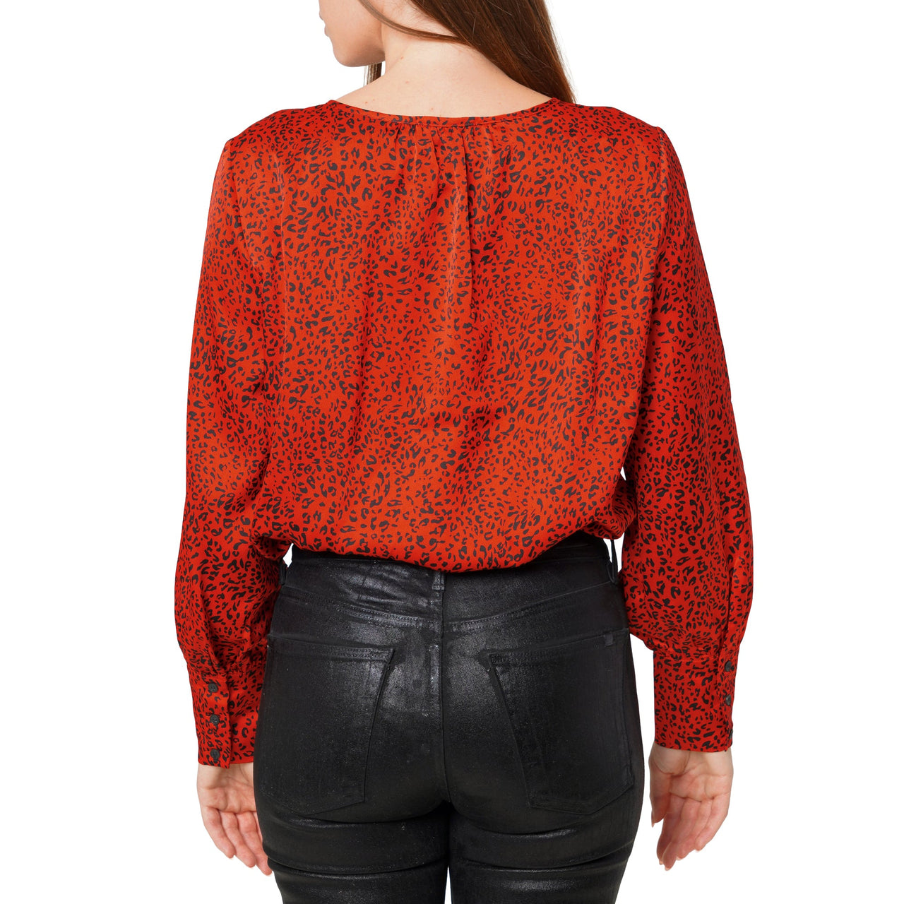 Women's Tie-neck Long Sleeve Bodysuit in Red Leopard