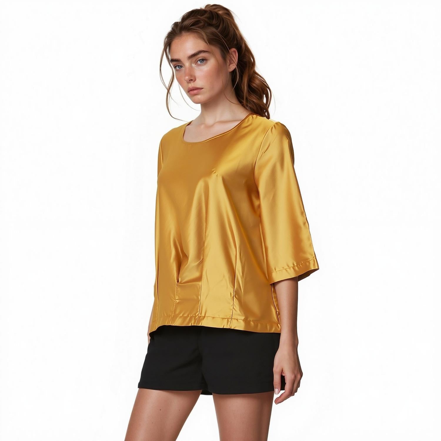 Pleione Women Round Neck Top In Mustard