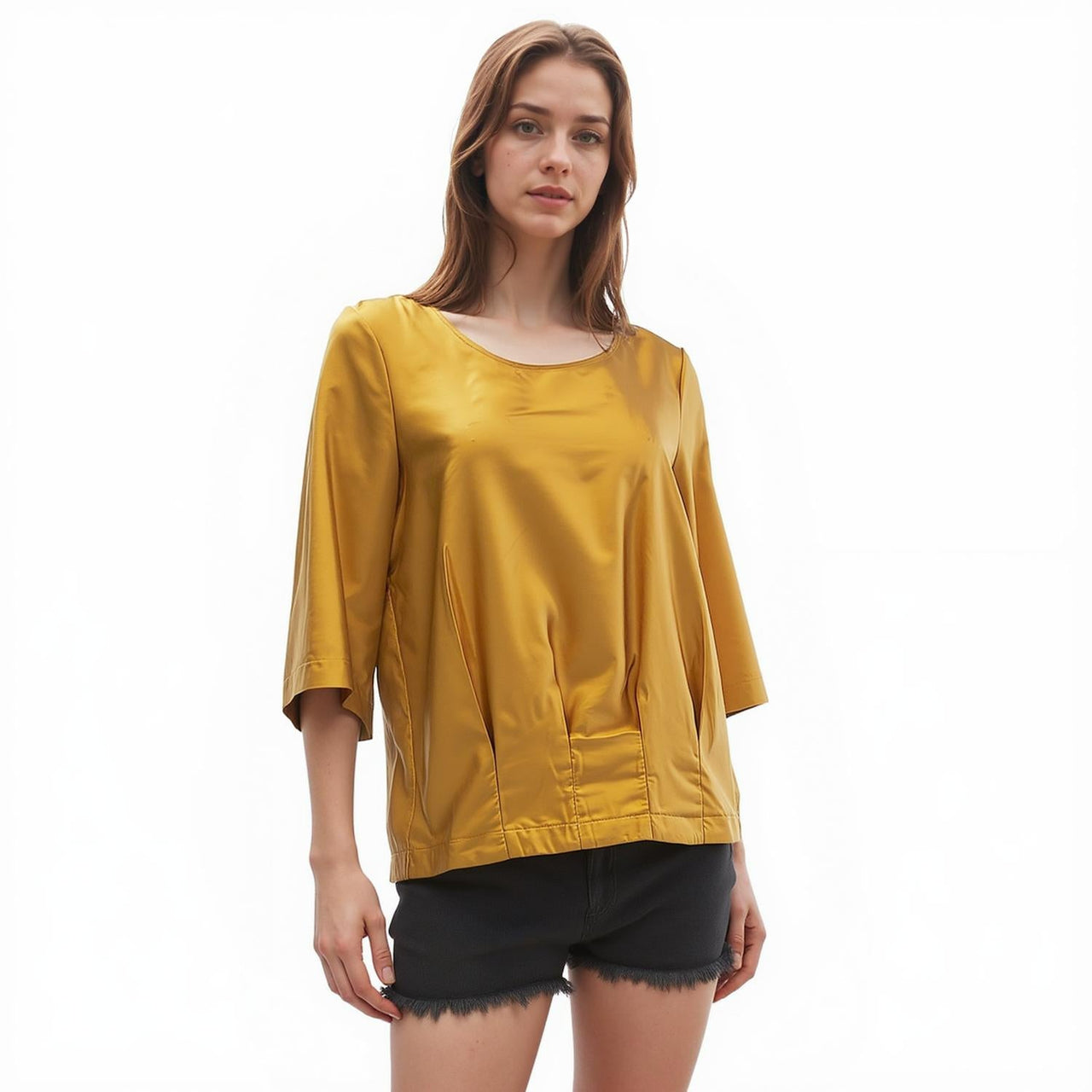 Pleione Women Round Neck Top In Mustard