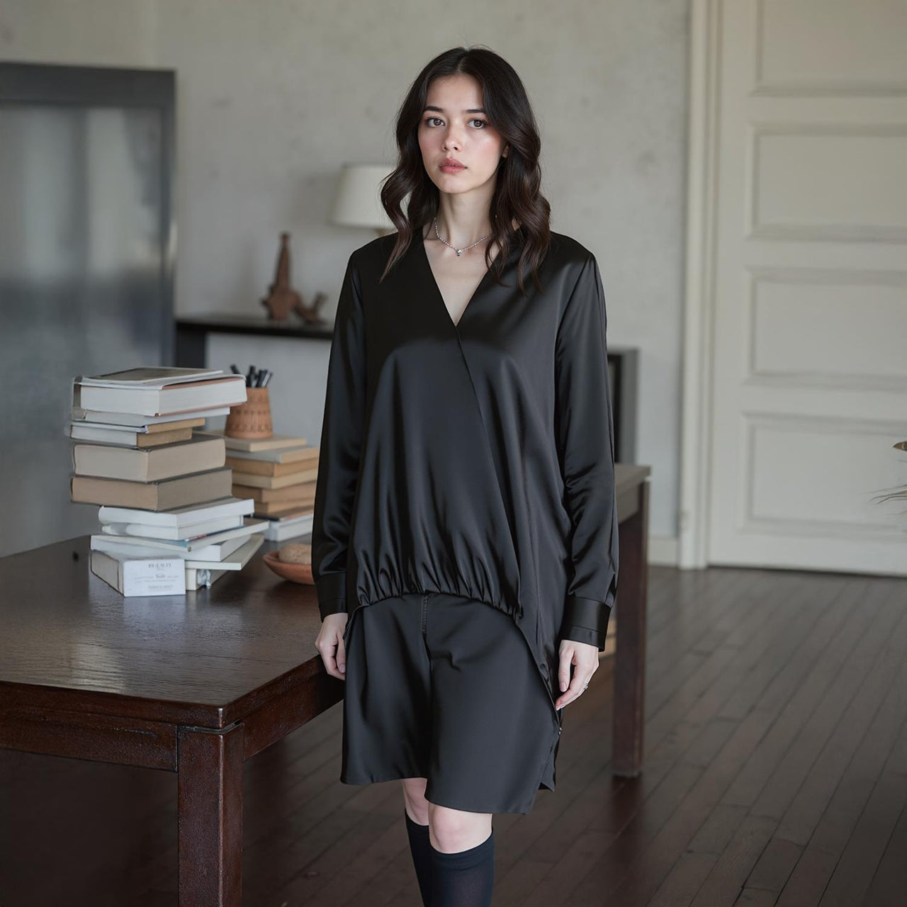 Pleione Women's Charmuese Contrast Cross Front Blouse in Black