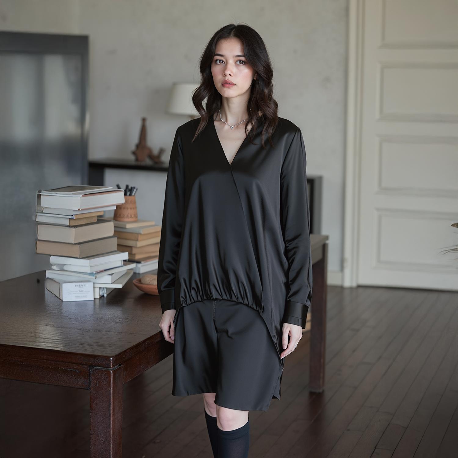 Pleione Women's Charmuese Contrast Cross Front Blouse in Black