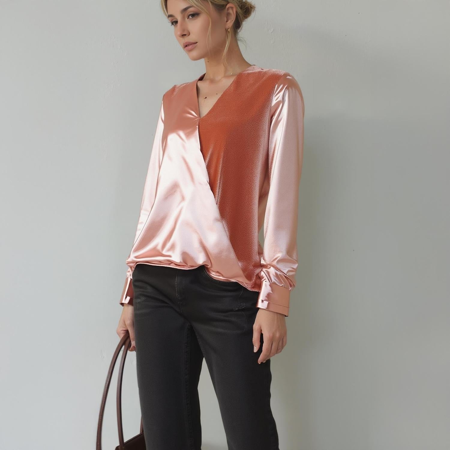 Pleione Women's Charmuese Contrast Cross Front Blouse in Mauve