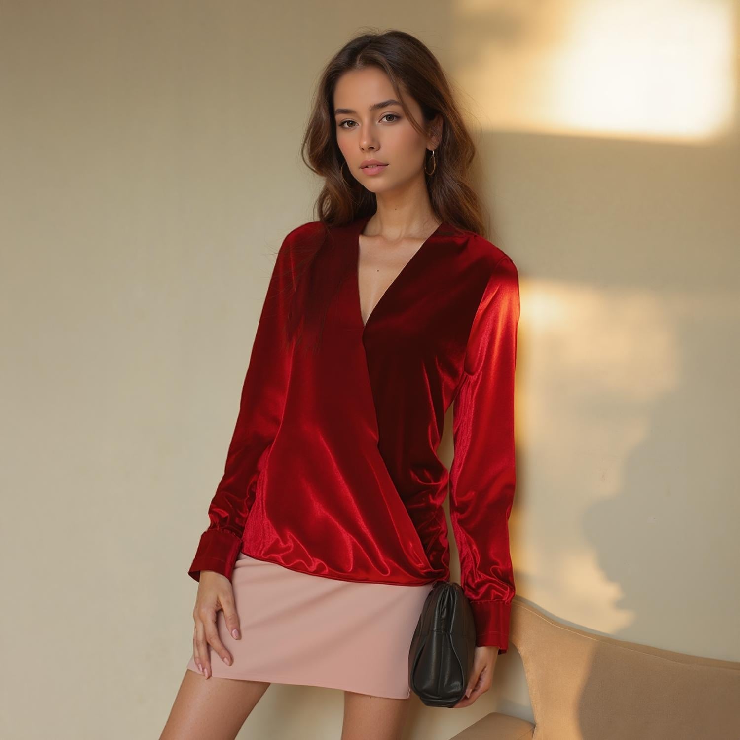 Pleione Women's Charmuese Contrast Cross Front Blouse in Red