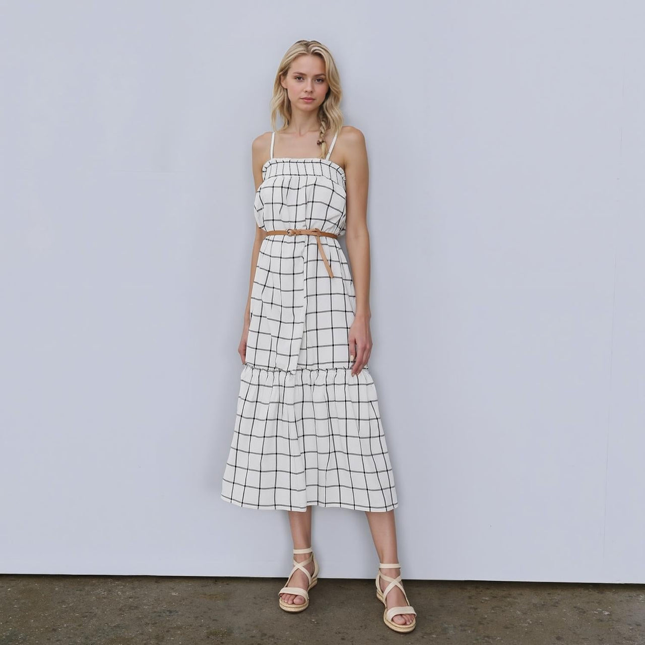 Pleione Women's Grid Print Smocked Maxi Dress In Ivory