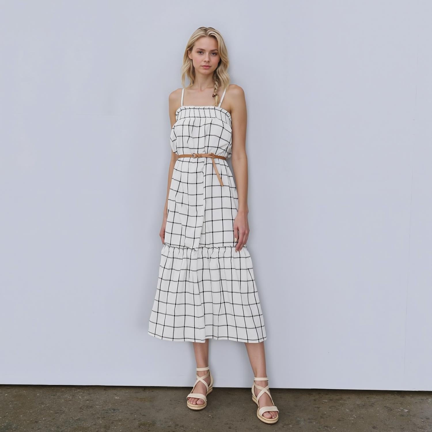Pleione Women's Grid Print Smocked Maxi Dress In Ivory