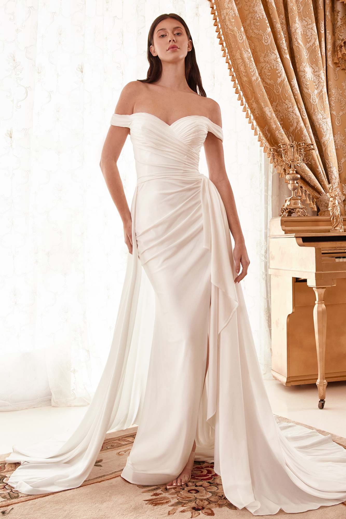 CLEARANCE - Ladivine WN315 Long Draped Off The Shoulder Bridal Gown With Overskirt (Size 10)